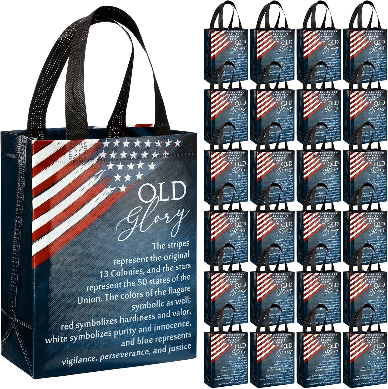 Sweetude 50 250 Anniversary Patriotic Gift Bags Bulk American Flag Theme Bags with Handle Medium Reusable USA Souvenirs Gifts for Church Remembrance Day Party Decorations Favors