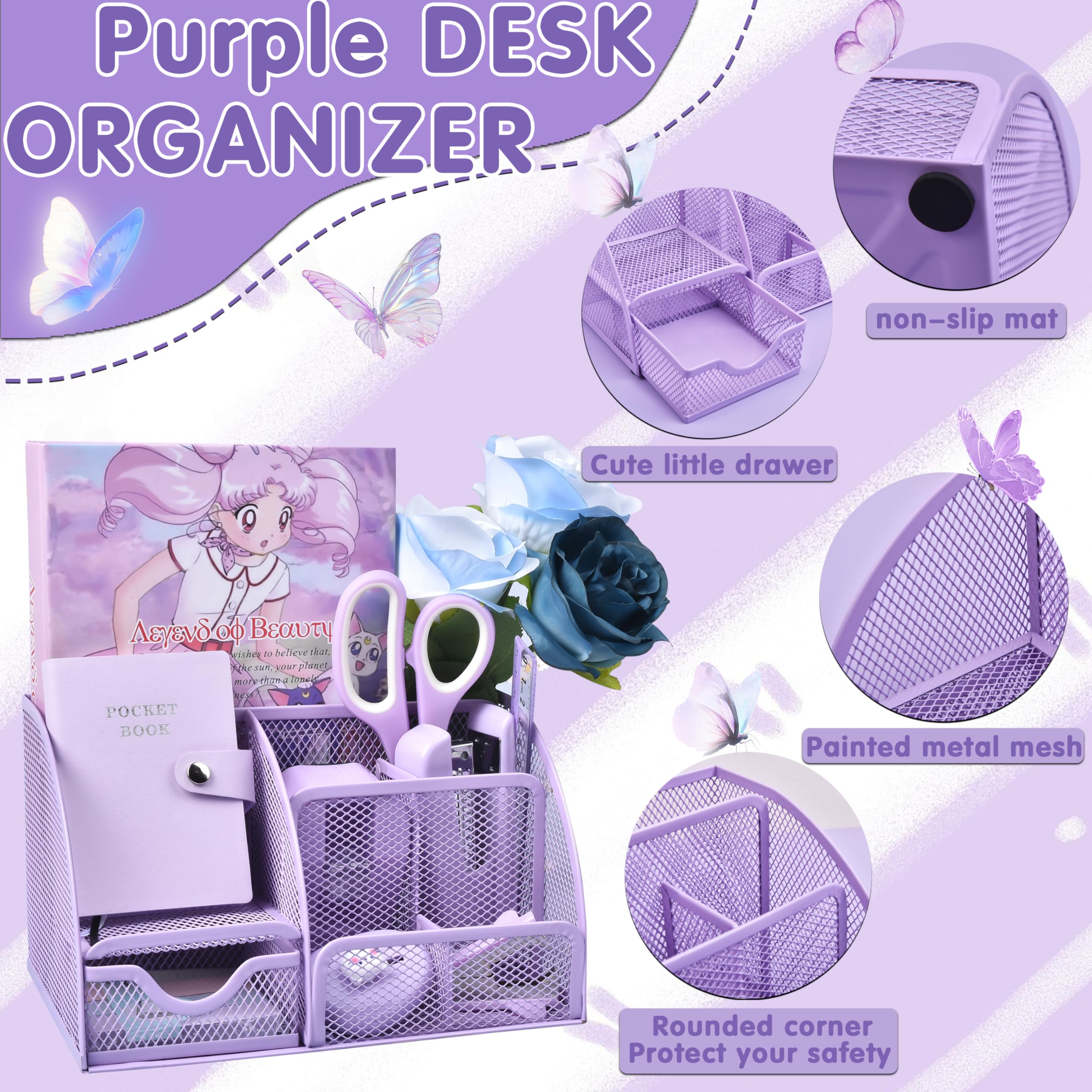 Accessori da scrivania viola, set da 24 pezzi per ufficio e organizer da scrivania, con dispenser per nastro, cucitrice, levapunti, ecc, riempi la tua scrivania con bei colori
