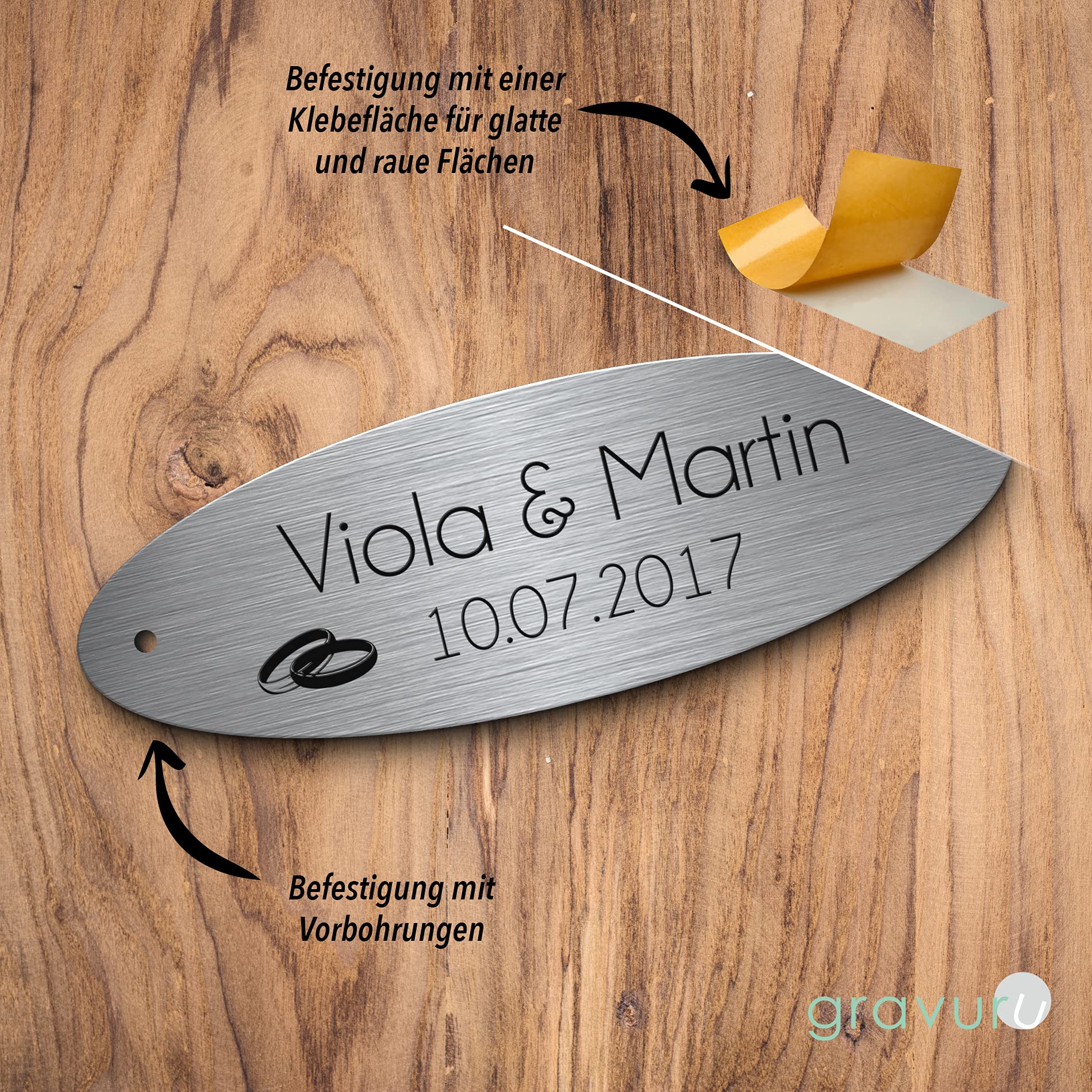 Hochzeitsschild aus Edelstahl oval mit Namen oder Spruch & Herzchen | Wetterfest & viele Motive zB für Hochzeitsbank | Goldene Hochzeit Geschenke zur Silberhochzeit Hochzeitsdeko