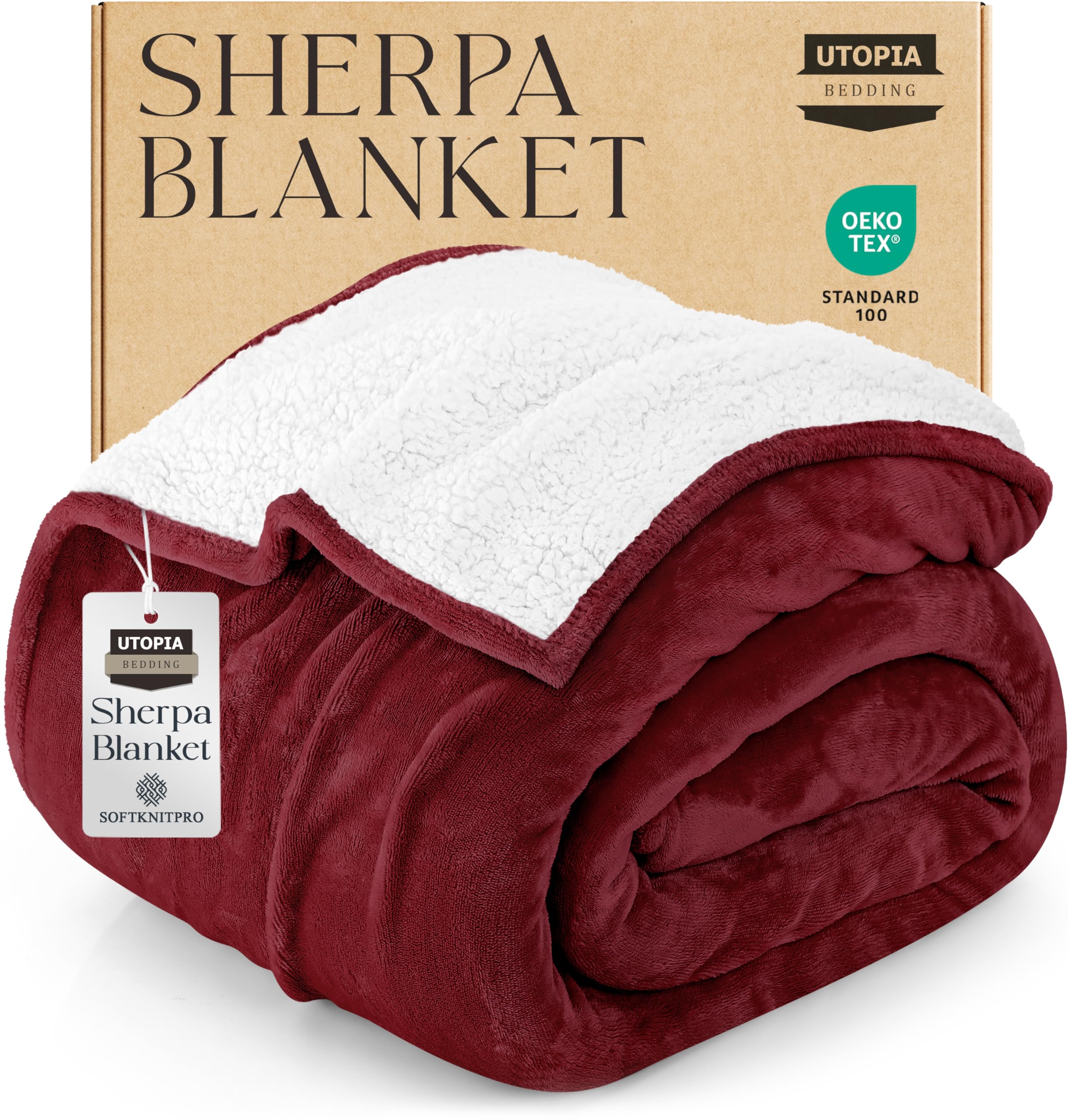 Utopia Bedding Sherpa Blanket Queen Size (Red, 90x90 Inches) - Soft Lightweight Plush Fleece Reversible Blanket for Bed, Sofa, Couch, Camping and Travel