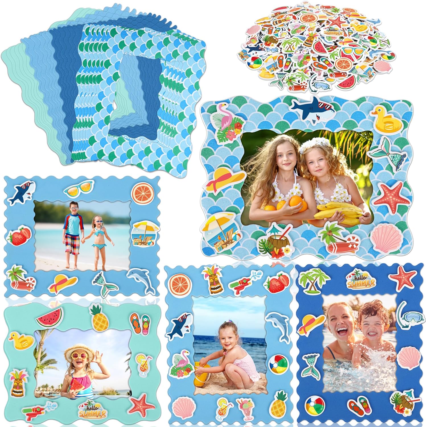 Fovths 24 Pack Summer Foam Picture Frame Kits DIY Frame Crafts Mermaid Theme Picture Frames with 300 Summer Stickers for Hawaiian Party Favors Birthday