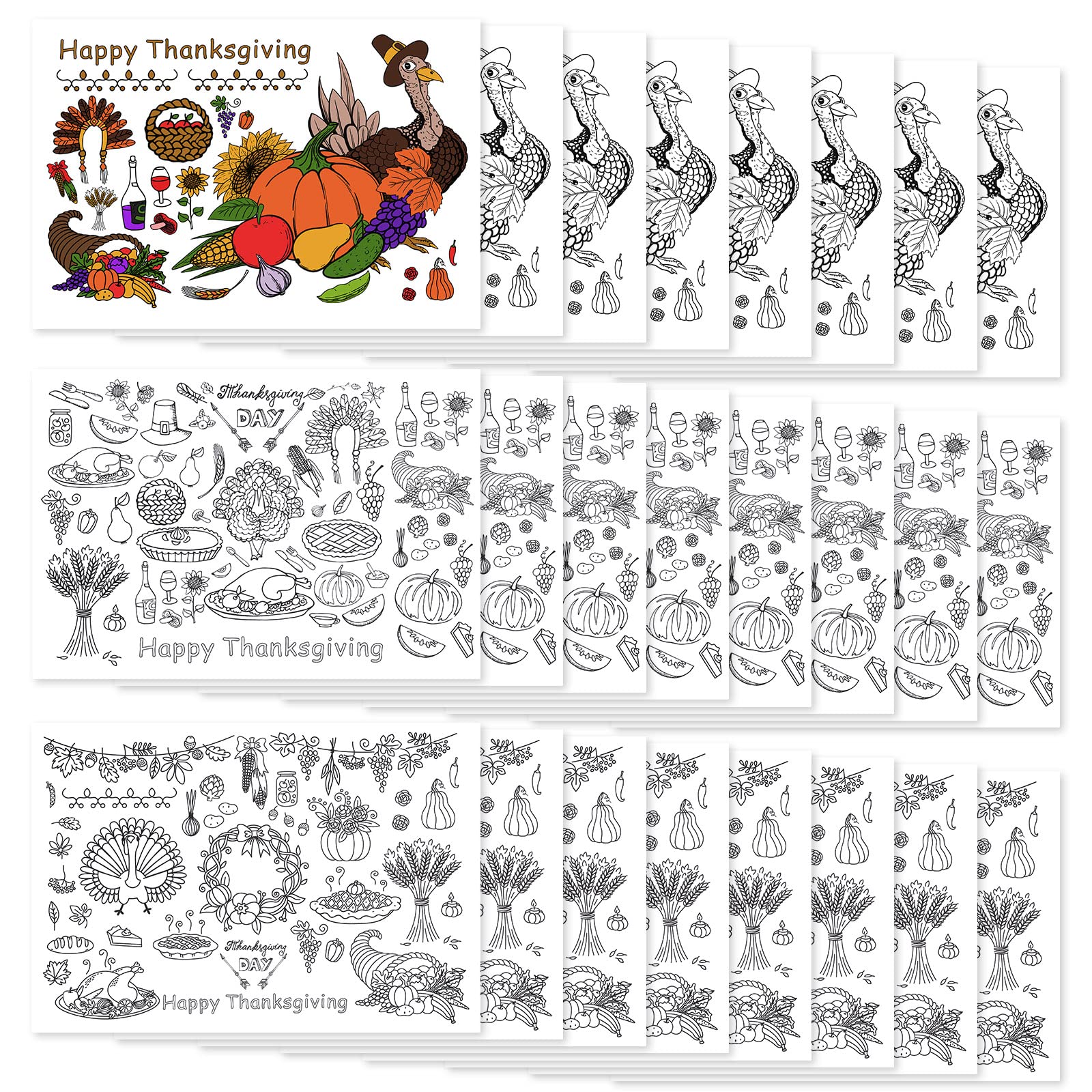 24 Pieces Fall Thanksgiving Coloring Placemats for Kids Coloring Activities Paper Table Mats Pumpkin Turkey for Thankful Party Holiday DIY Disposable Bulk Bundle Set (Simple Style)
