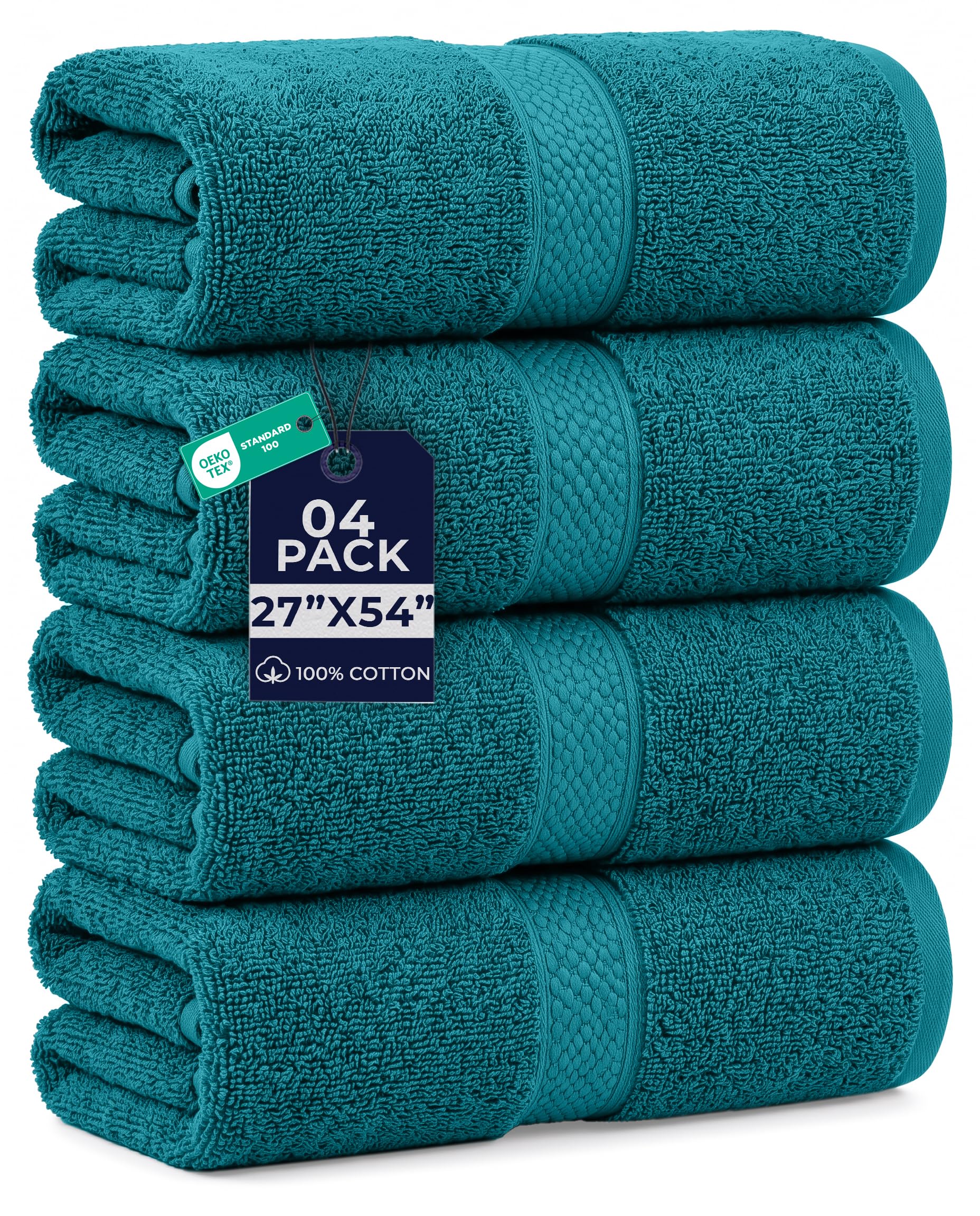 DAN RIVER 600 GSM Cotton Large Bath Towels Set of 4, 27 x 54 Inches, Teal