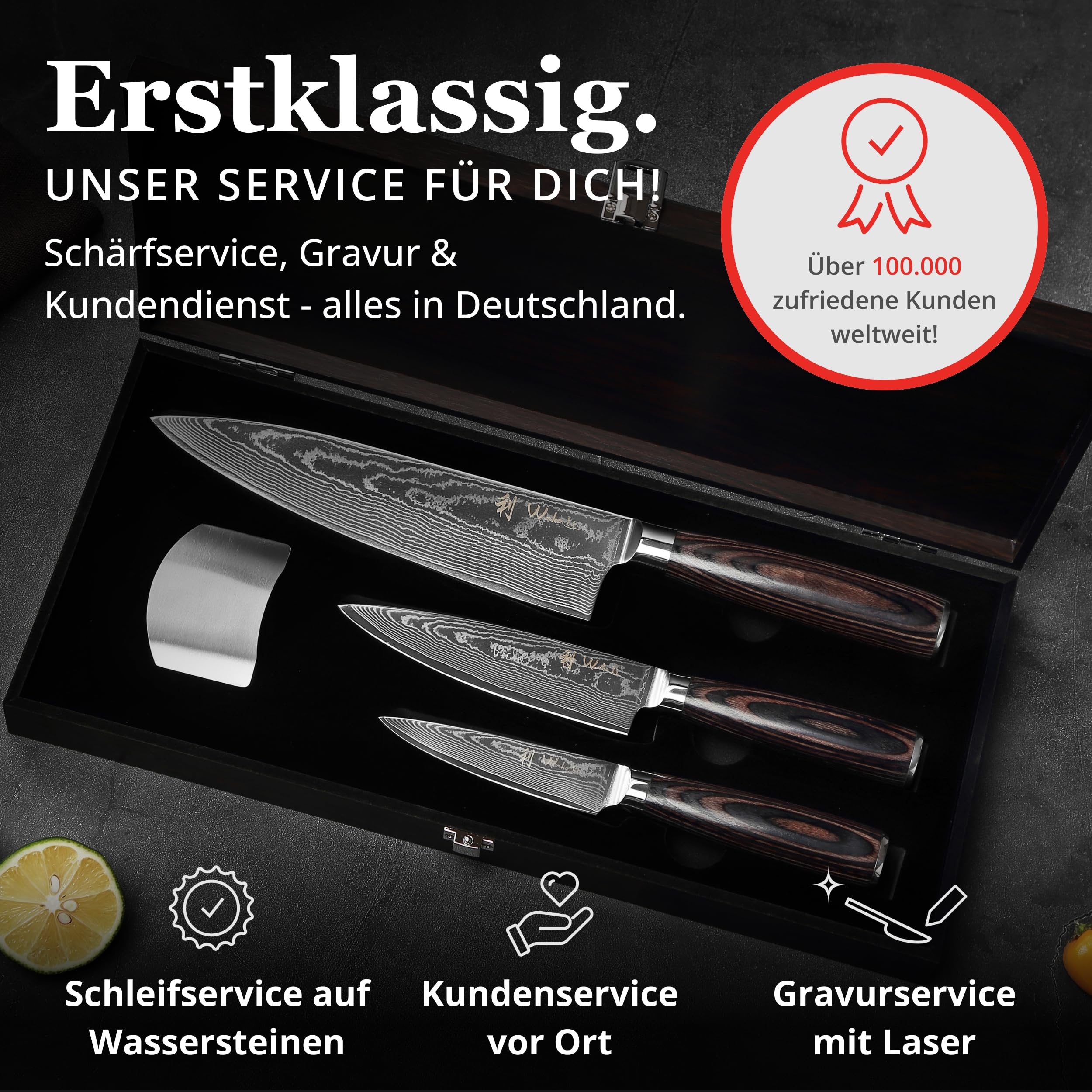 Wakoli EDIB Essentials 3er Messerset aus 67 Lagen Damaststahl mit VG10-Kern | Chefmesser, kleines Chefmesser und Officemesser; Pakkaholzgriffe, Holzbox, 60 ± 2 HRC, für Fleisch, Fisch, Gemüse und Obst