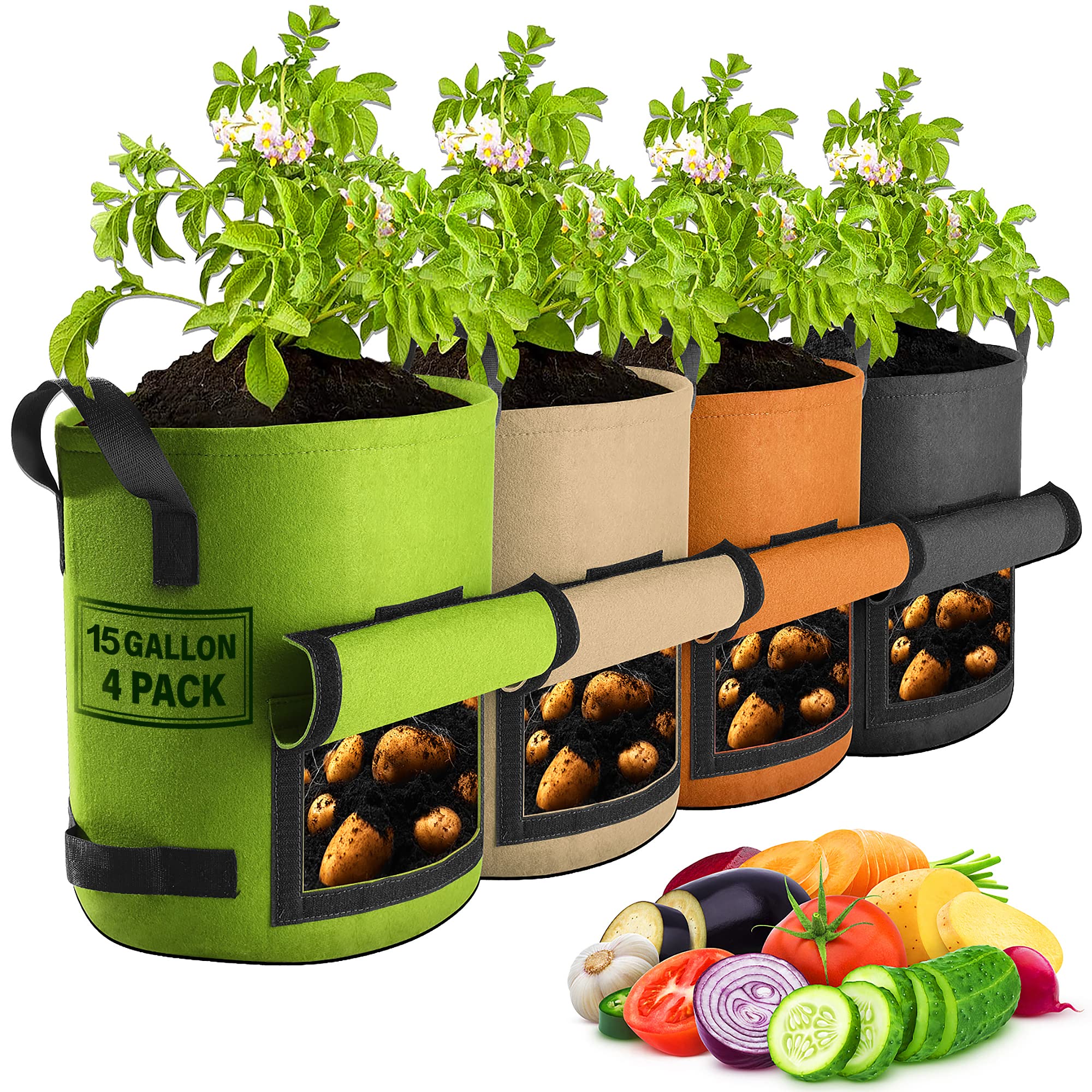 Suntee 4 Pack Potato Grow Bags 15 Gallon with Flap, Plant Grow Bags Heavy Duty Nonwoven Fabric Planter Bags Garden Vegetable Planting Pots Grow Bags for Growing Potatoes, Tomato and Fruits Outdoor