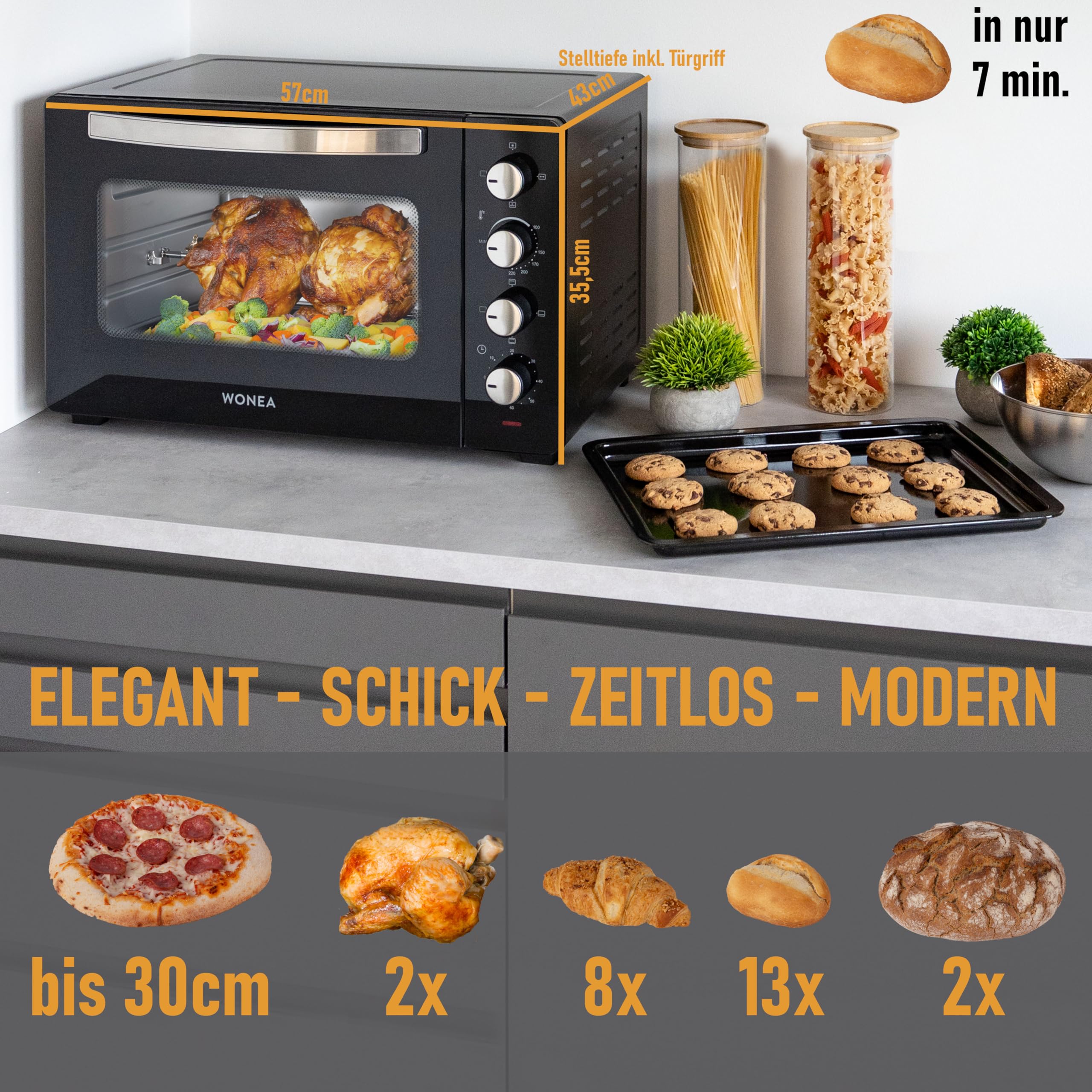 Minibackofen 45 Liter mit Glasfront und 2.000 Watt | Mini Backofen mit Umluft, Drehspieß und Krümelblech | Ober-/Unterhitze | Konvektion | 60 min Timer | Neues luft-isolierten Gehäuse, Mini-Ofen