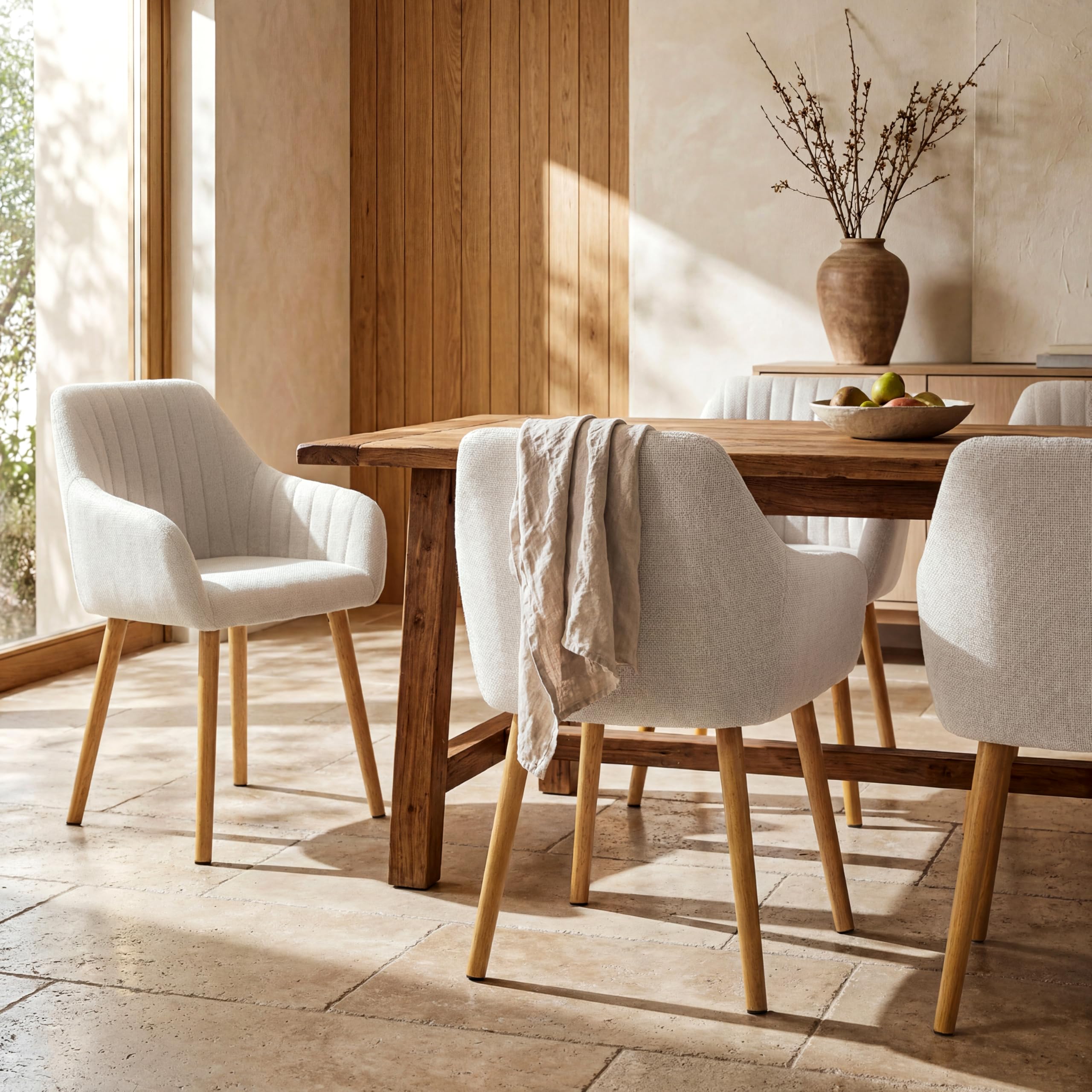 Lot de 4 Chaises Fauteuil Salle à Manger Chaises Beige avec Accoudoirs rembourrée en Polyester avec Pieds en Bois pour Salon Cuisine et Bureau