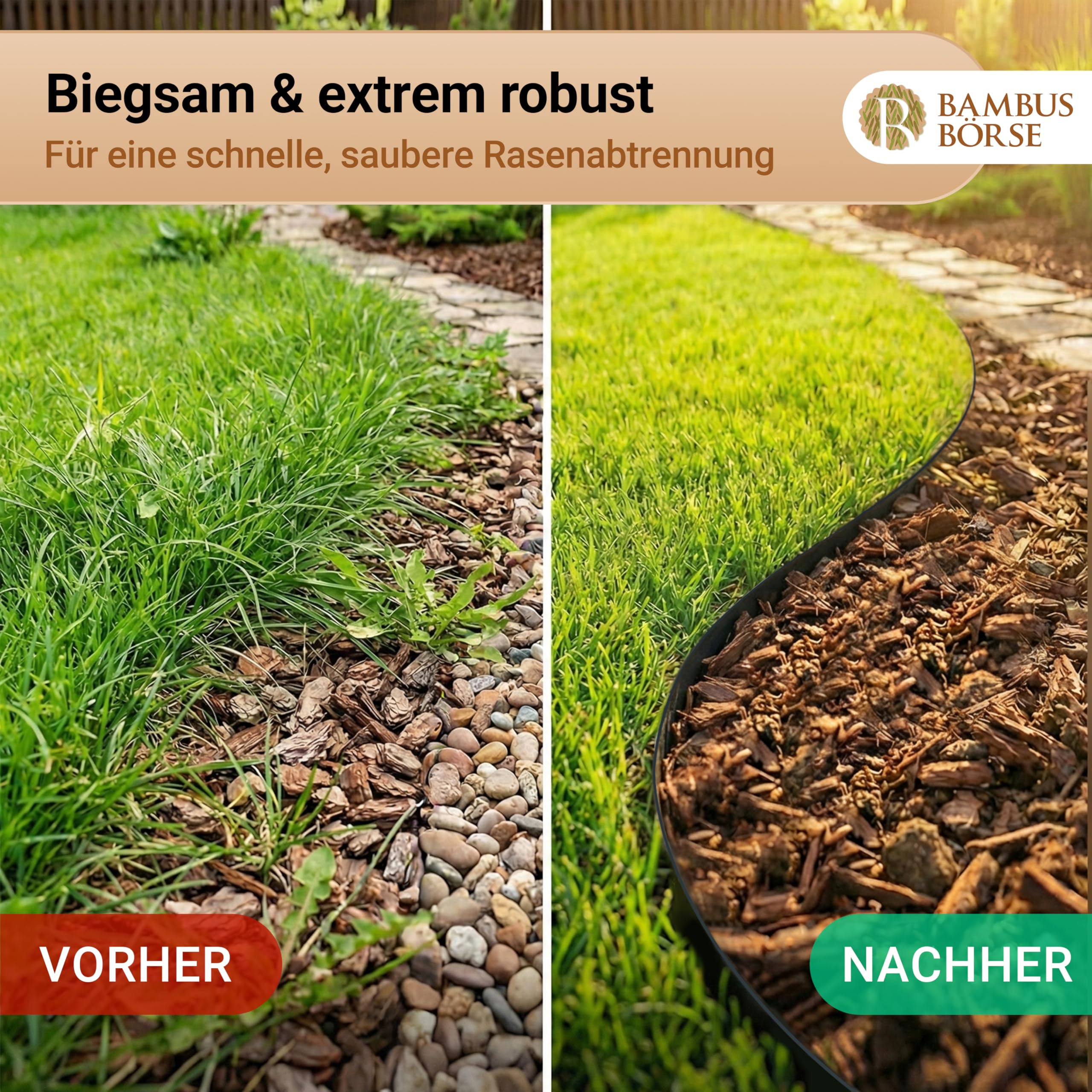 Rasenkante - Beetabgrenzung 15 cm hoch, 25 m lang aus HDPE Kunststoff - Flexible Beeteinfassung & Rasenbegrenzung wetterfest, UV-beständig, langlebig, einfache Montage - Beetkante Rolle