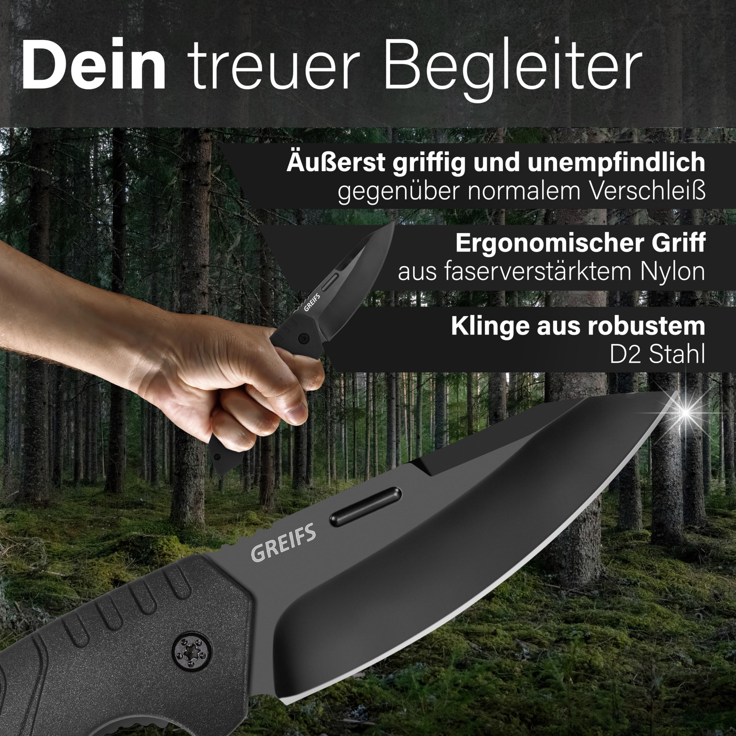 GREIFS® Klappmesser G1 (Zweihandmesser) Messer mit Tasche, Outdoor & Survival Taschenmesser, Überlebensmesser, Jagdmesser (G1+Messerschärfer, Black)
