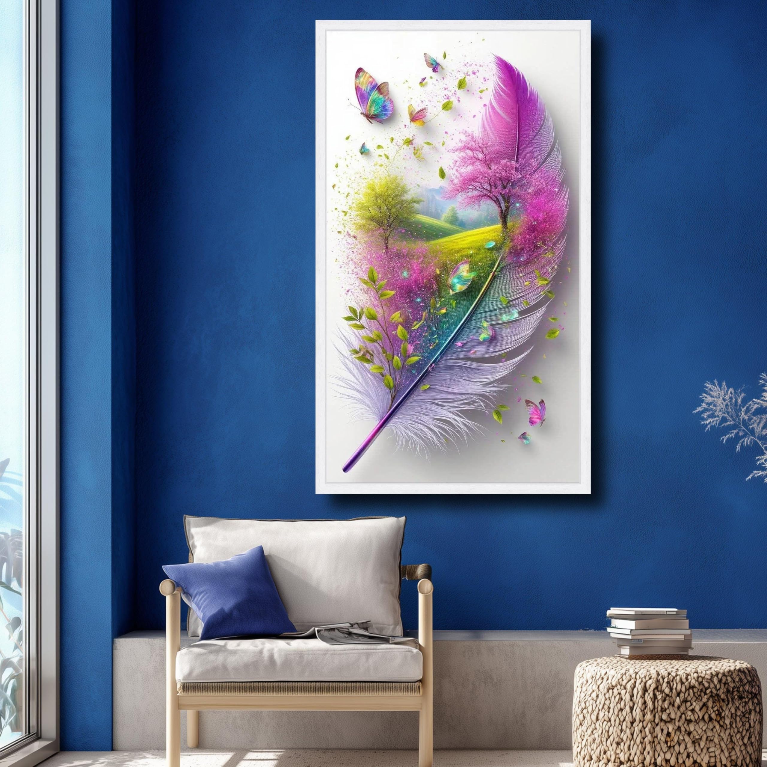 XINBAO Krajobraz z piórami, kolorowa sztuka ścienna z motylem, scena natury, różowe drzewo i zielona łąka, dekoracyjne wydruki na płótnie (60 x 105 cm/rama wewnętrzna)