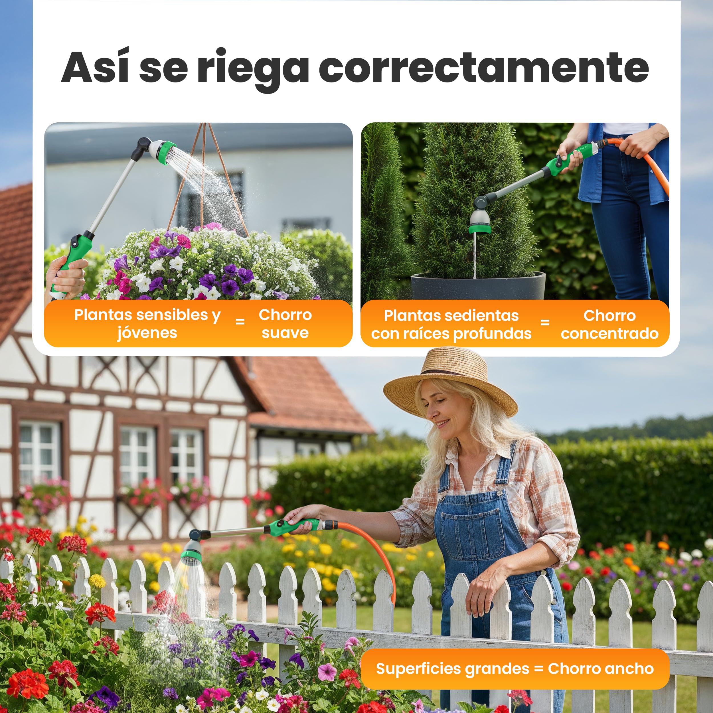 rainfactory pistola manguera jardín 40 cm - lanza de riego con 8 modos de pulverización - boquilla manguera 180° giratoria con control de pulgar, mango ergonómico y antideslizante