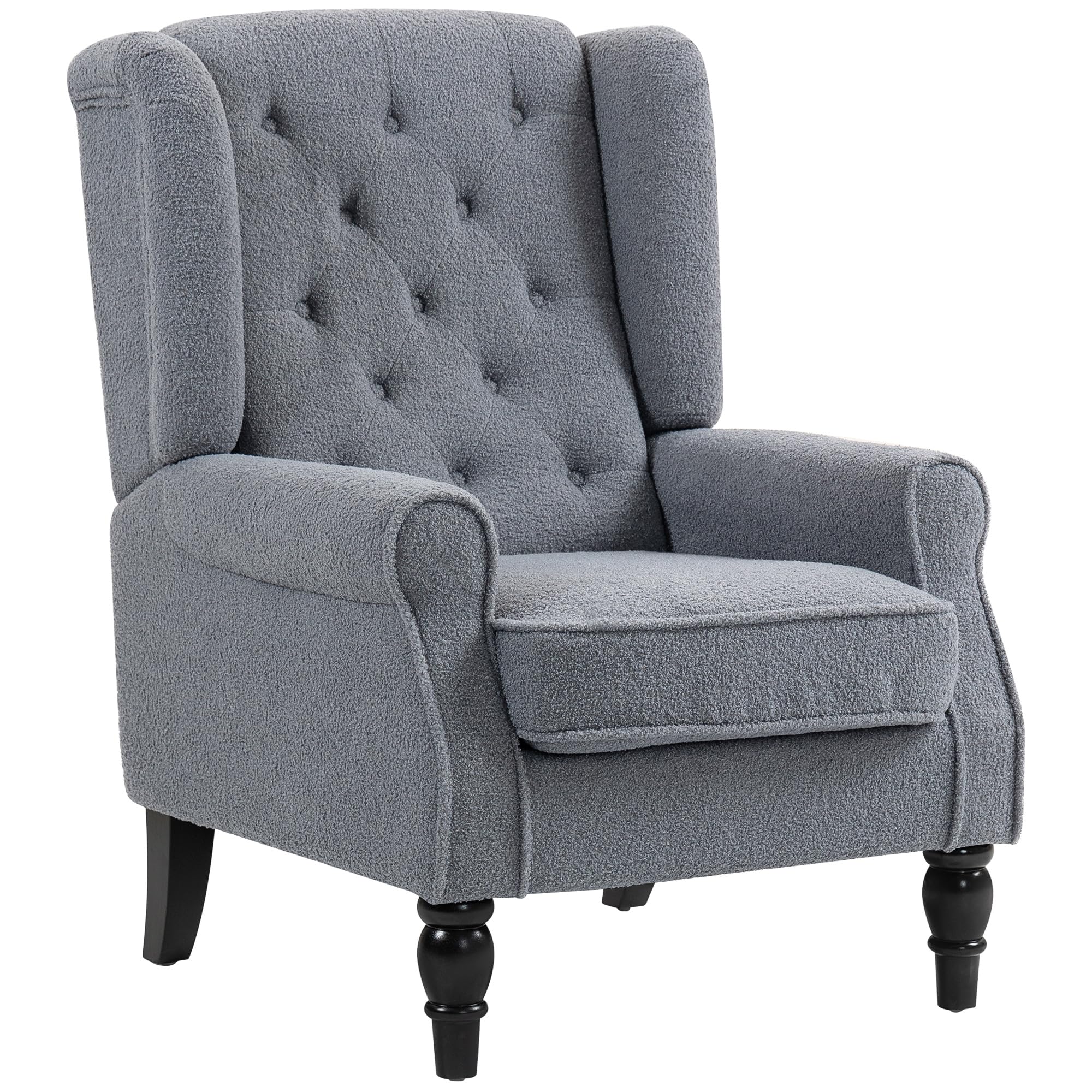 HOMCOM Wingback Accent Chair, Teddy Fleece Armchair with Thick Spring Cushion, High Back, Solid Wood Legs, Retro Button Tufted Reading Chair for Living Room, Bedroom, Grey