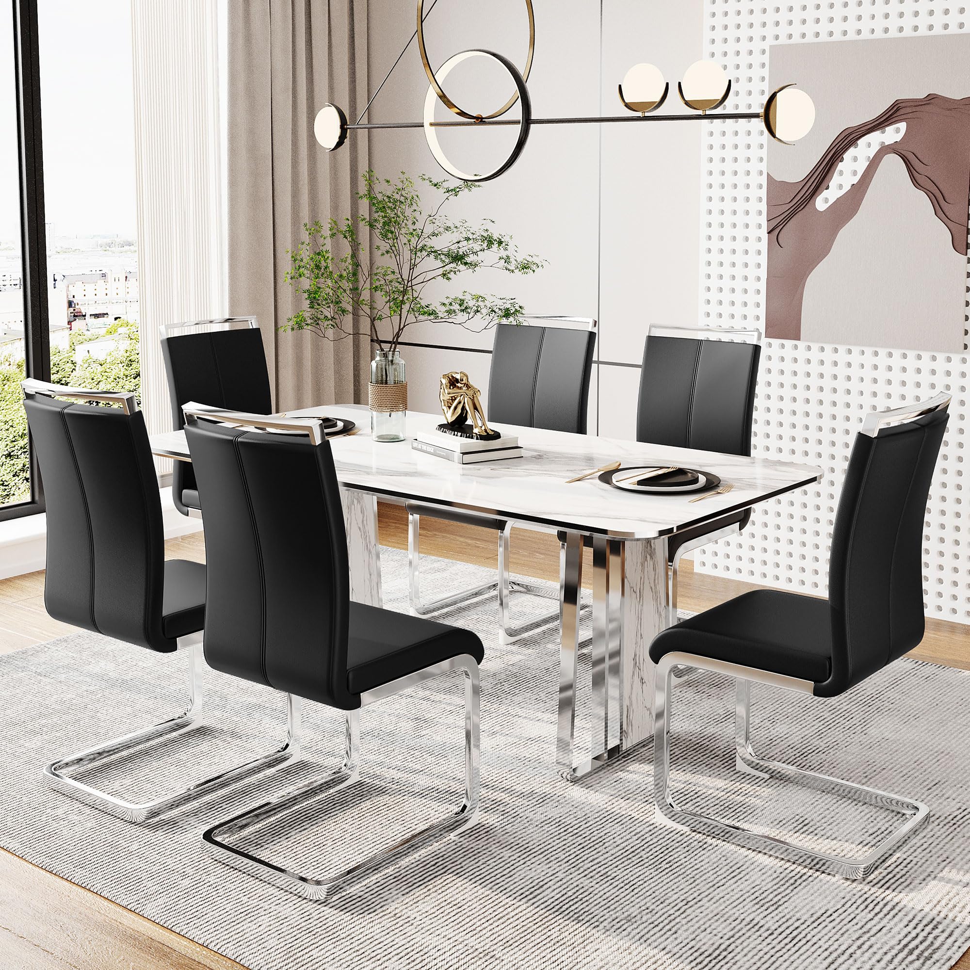 Merax Lot de 4 chaises de Salle à Manger, à Bascule, à Bascule, en Cuir synthétique PU, avec Dossier Haut, Moderne, Structure en métal, rembourrées, pour Salon, Salle de conférence, Noires