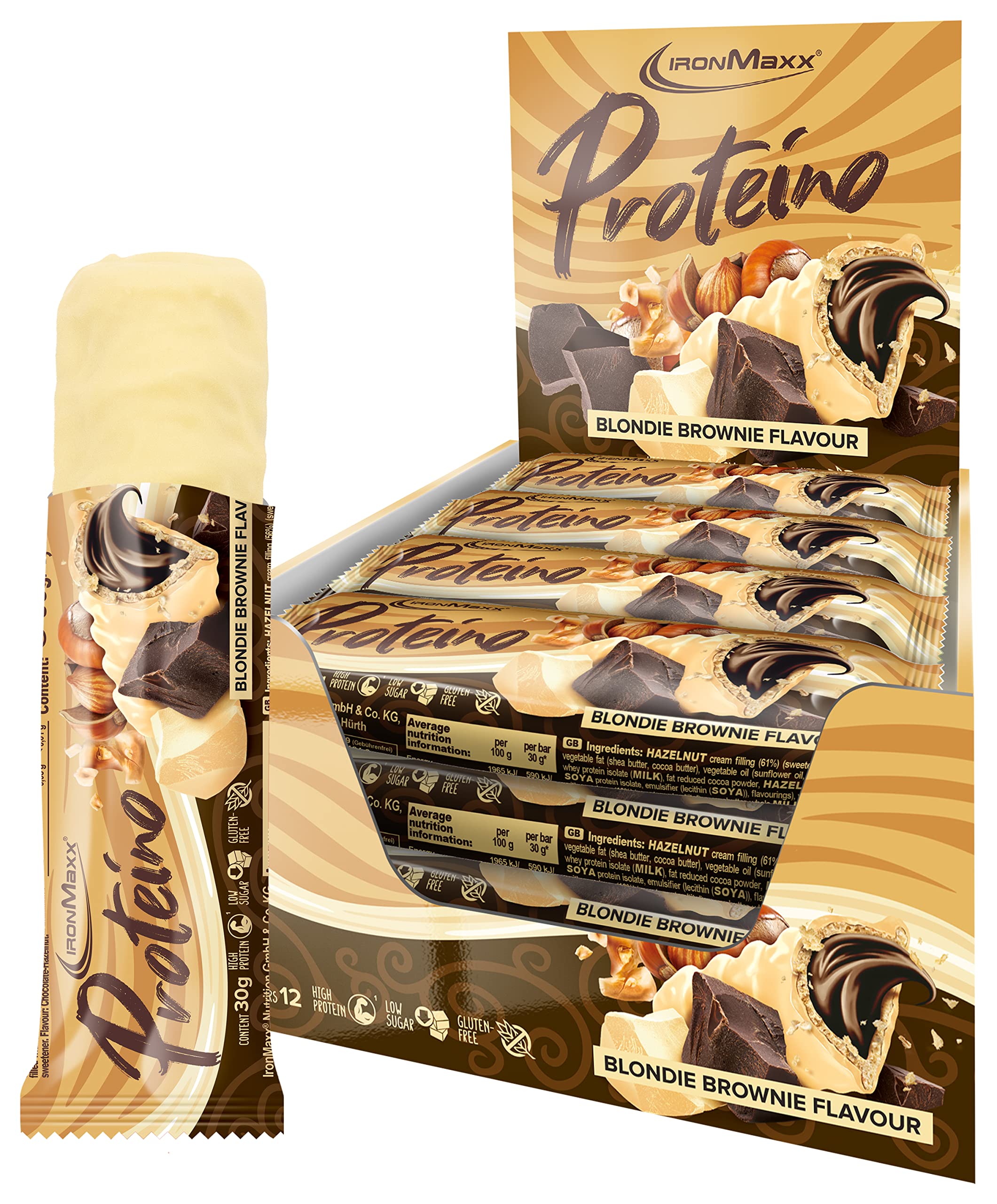 IronMaxx Proteino Proteinriegel 12x30g - Blondie Brownie | High Protein Bar mit cremiger Füllung auf Waffelbasis | Zuckerreduziert glutenfrei palmölfrei Fitness Snack