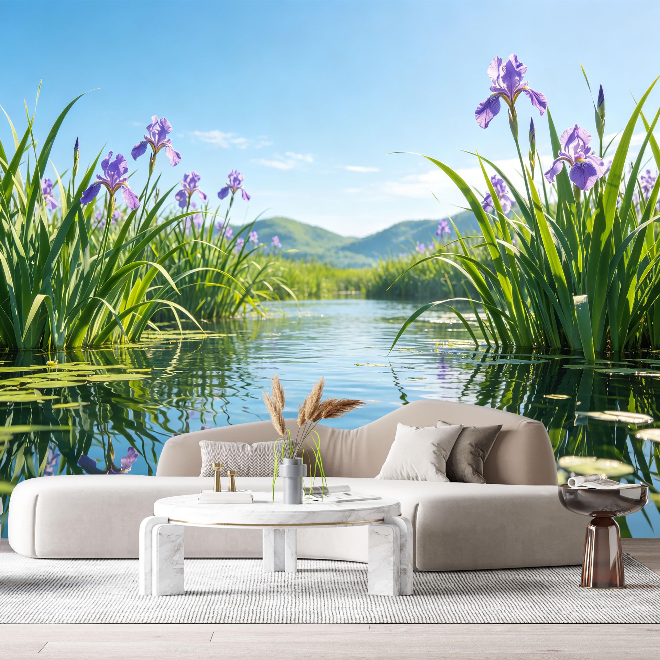 Custom Size Wall Murals Blooming Irises Lake Landscape Botanical Water Reflection Mountain View SelfAdhesive Wall Fabric Removable Large Wallpaper for Photo Living Room