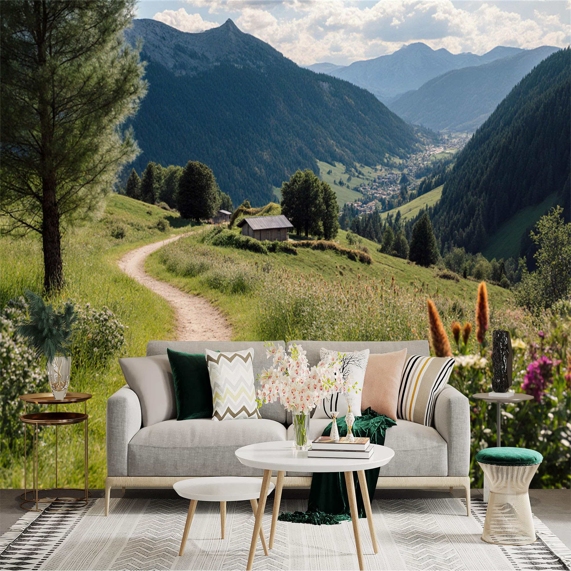 Lnzczhyre Xc260505309 Custom Size Wall Sticker Mural， Alpine Meadow Path， Mountain Valley Scenery， Summer Landscape With Wildflowers And Cabin， For Wall Decoration， Peelandstick Wall Decals.