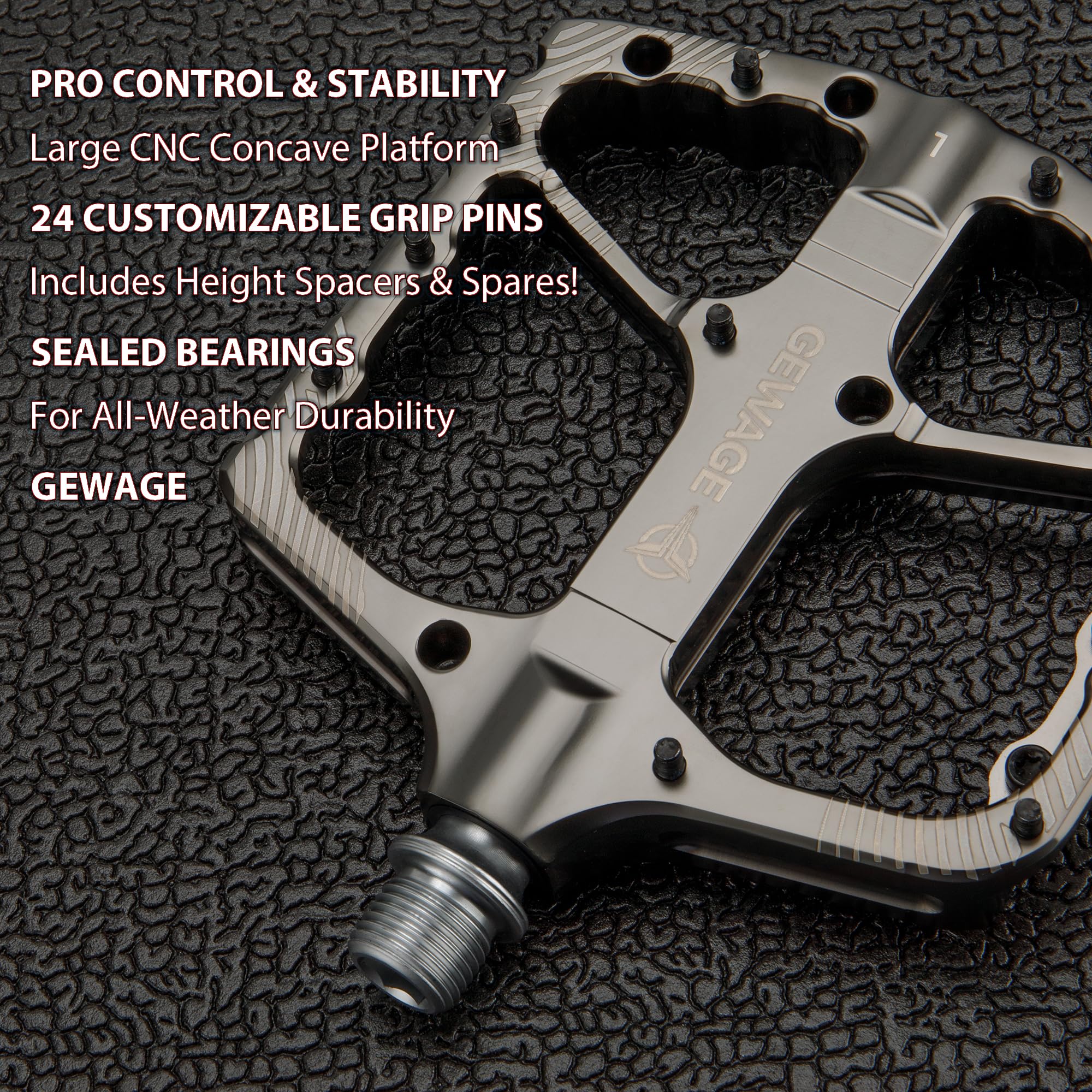 GEWAGE Pedały Rowerowe MTB CNC z Aluminium, Oś ze Stali Chromowanej, Łożyska Kulowe i Uszczelnienie, Antypoślizgowe Piny, 9/16", do MTB, Gravel, Trekking, Trail i Downhill