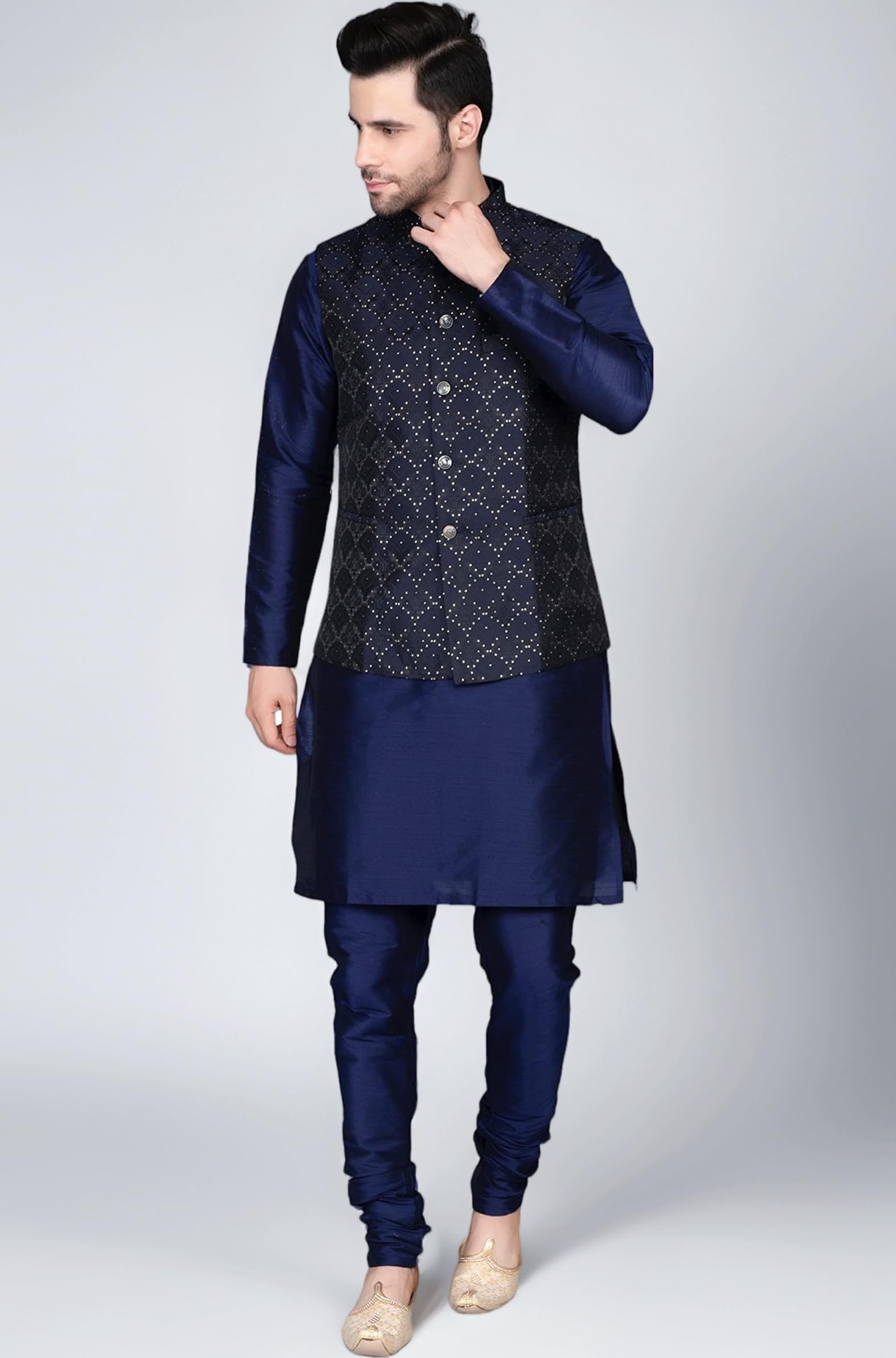 - Men's Silk Blend Kurta Churidar Pyjama with Ethnic Bundi Jacket Set