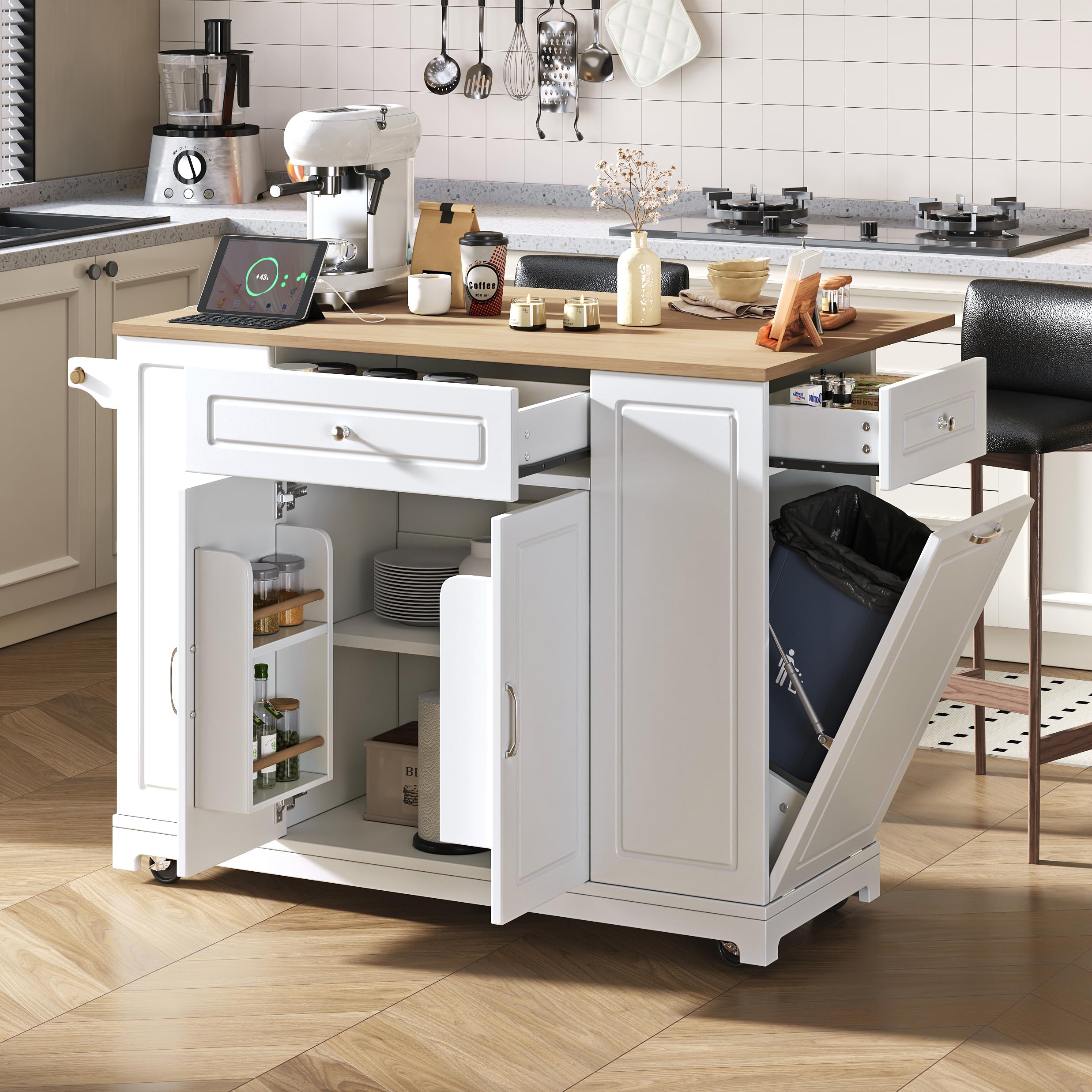 Kücheninsel mit Rollen & ausziehbarer Tischplatte, Mobile Kücheninsel mit Steckdosen, Schubladen & Abfalltrennsystem, Platzsparender Küchentrolley für kleine Küchen & Esszimmer (Weiß)