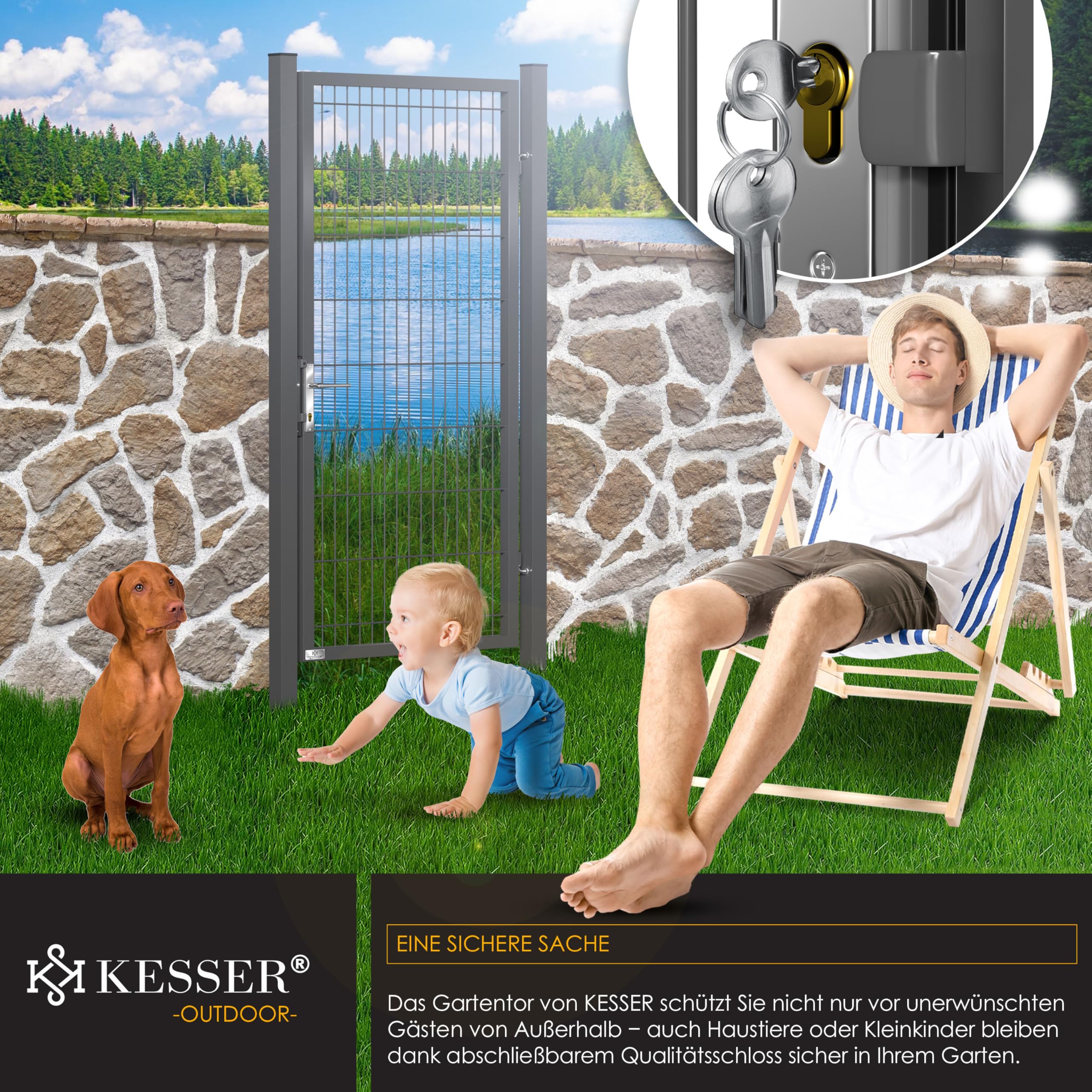 KESSER® Gartentor Premium Gartentür aus Metall verzinktem Stahl, Gartentür für Stabmattenzau Zauntor, Hoftor, inkl. Pfosten mit Schloss Türklinke und Schlüssel, 180 x 106cm Anthrazit