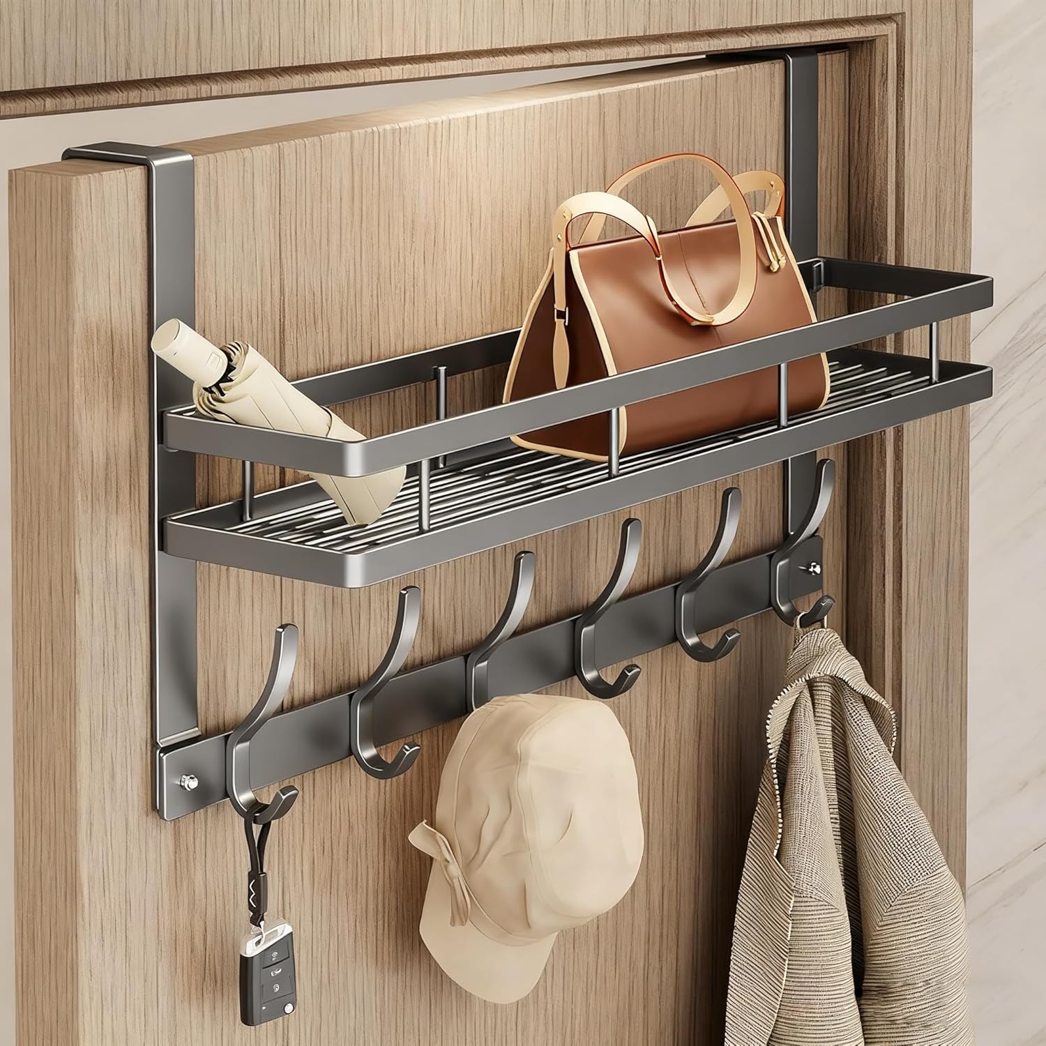 Over The Door Hooks Organizer, Carbon Steel Bathroom Door Towel Racks, No Punching Hanging Rack with 6 Hooks & Basket,for Clothes, Bags, Keys, Storage Hanger for Bedroom, Kitchen Entryway