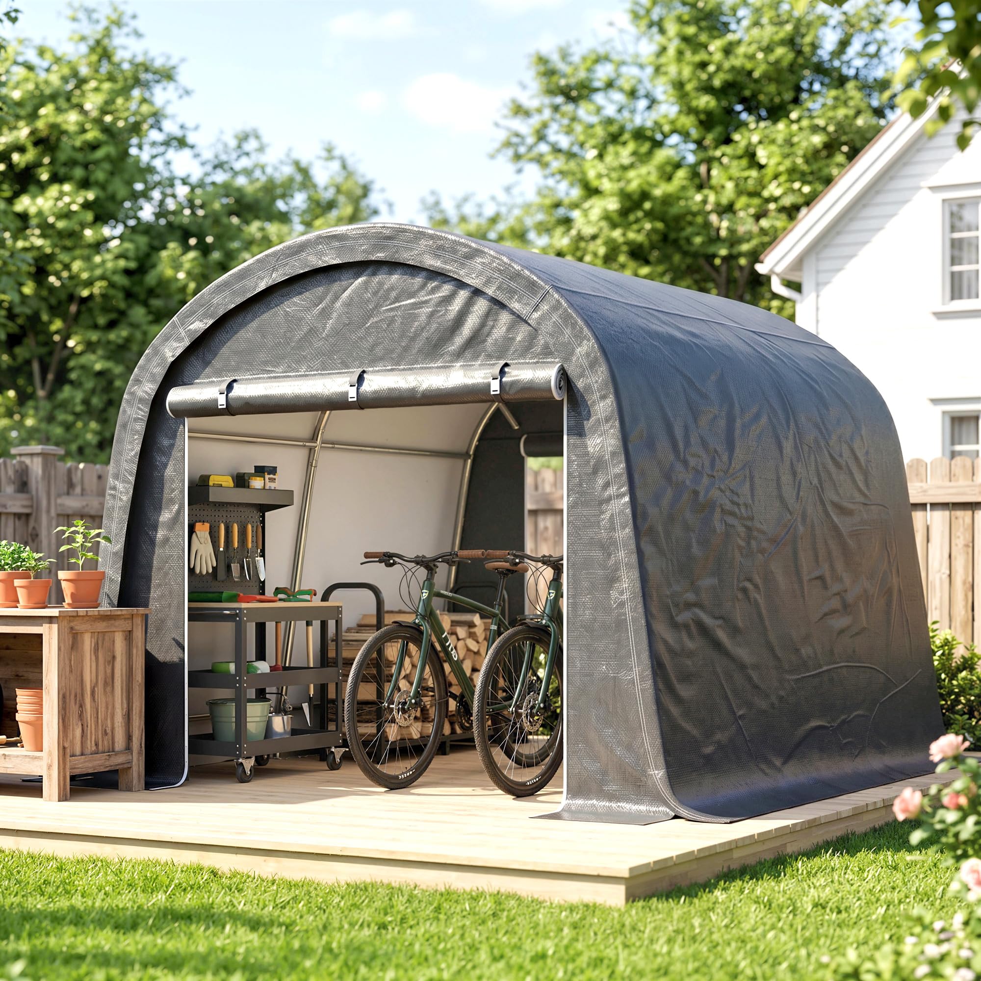 Outsunny 3x3m Garage Moto per Esterno, Tenda Garage con Copertura Rinforzata Impermeabile, 2 Ingressi a Zip, per Biciclette e Attrezzi in Acciaio Zincato, Tenda per Biciclette da Giardino, Grigio