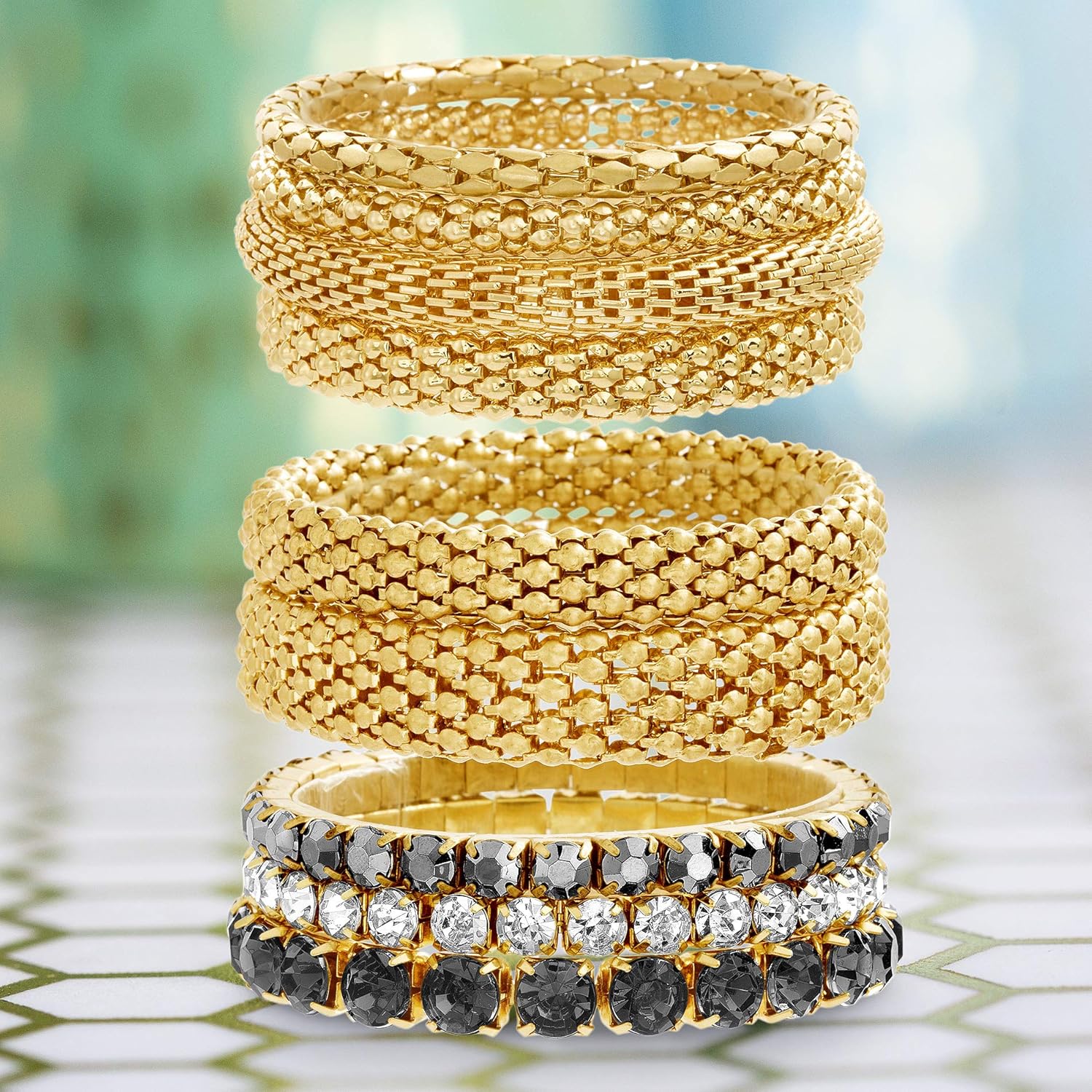 Steve Madden Yellow Gold Tone and Black Rhinestone Stretch Bangle Bracelet Set For Women, One Size (SMB488501GD) 3 Steve Madden Yellow Gold Tone and Black Rhinestone Stretch Bangle Bracelet Set For Women, One Size (SMB488501GD)