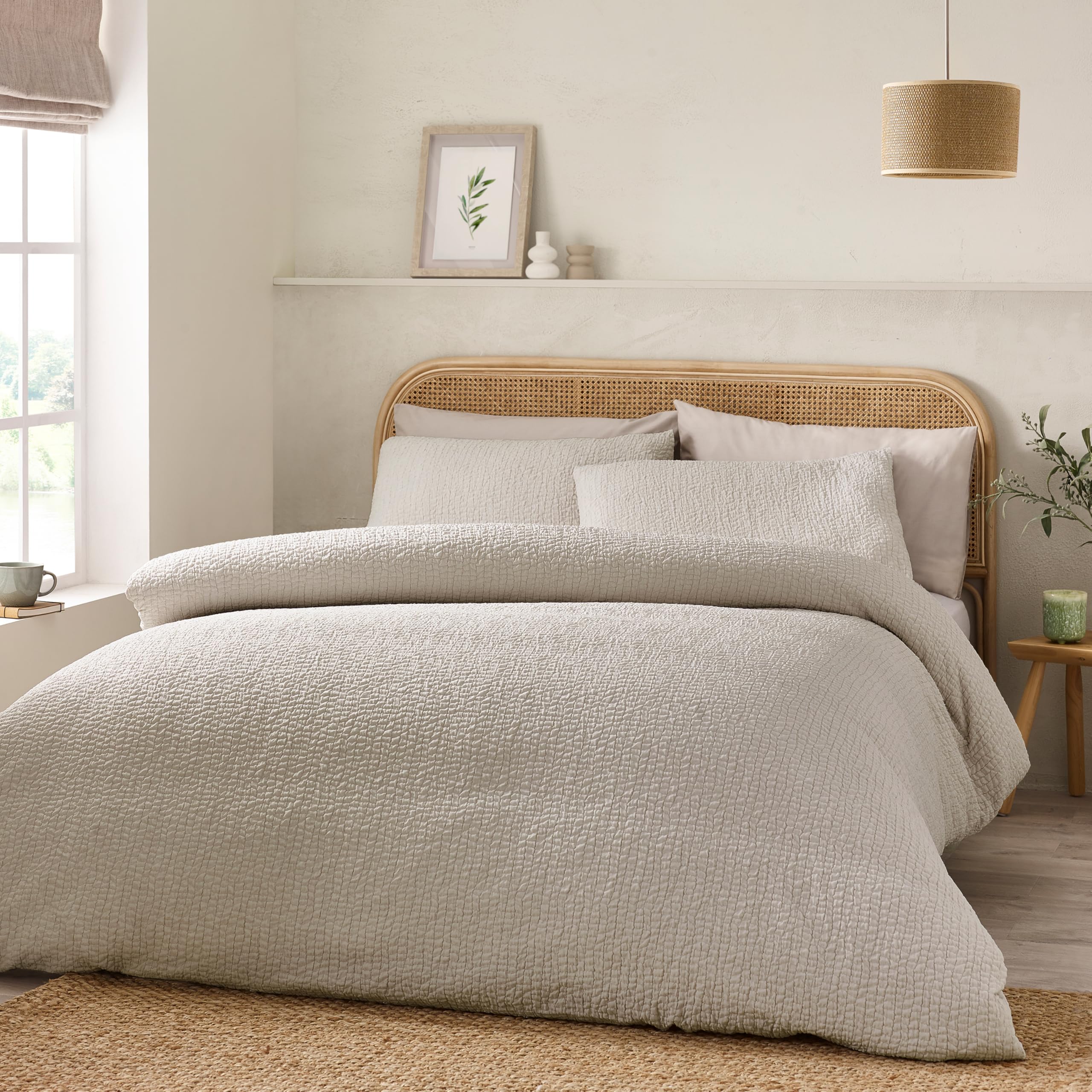 Catherine Lansfield Natural Crinkle Seersucker Double Duvet Cover Set With Pillowcases