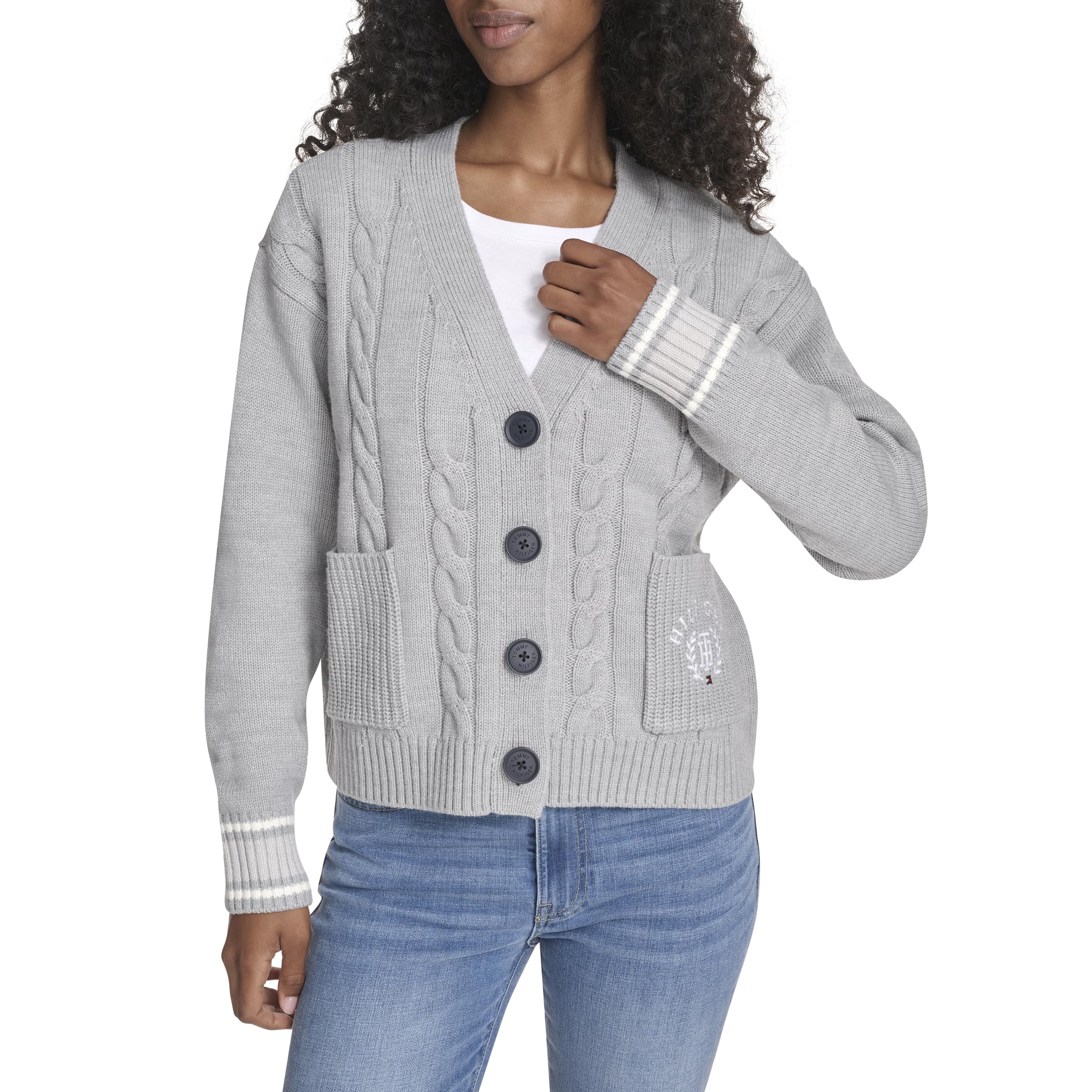 Tommy Hilfiger Cardigã feminino boxy Varsity Cable, Cinza mesclado
