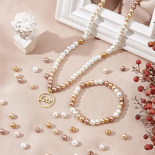 Miniatura 2 de PH PandaHall 300 perlas de vidrio de 0.236 pulgadas, 6 estilos de perlas para manualidades, perlas de vidrio perlado, color blanco, dorado, cuentas