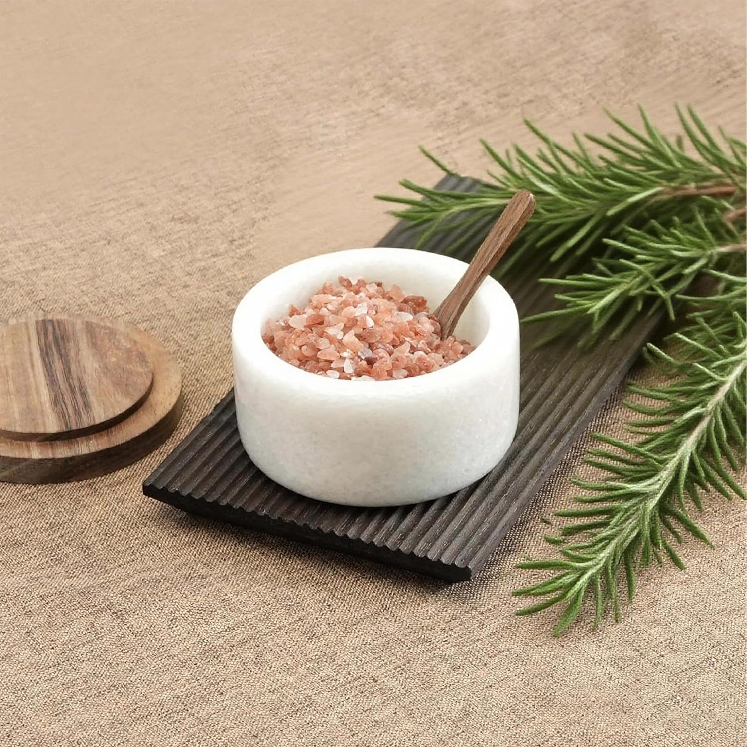 Marble Salt Cellar with Acacia Wood Lid and Spoon – 4-inch Salt Box with Spoon Slot, Kitchen Spice Container for Salt, Sugar, or Spices (White)