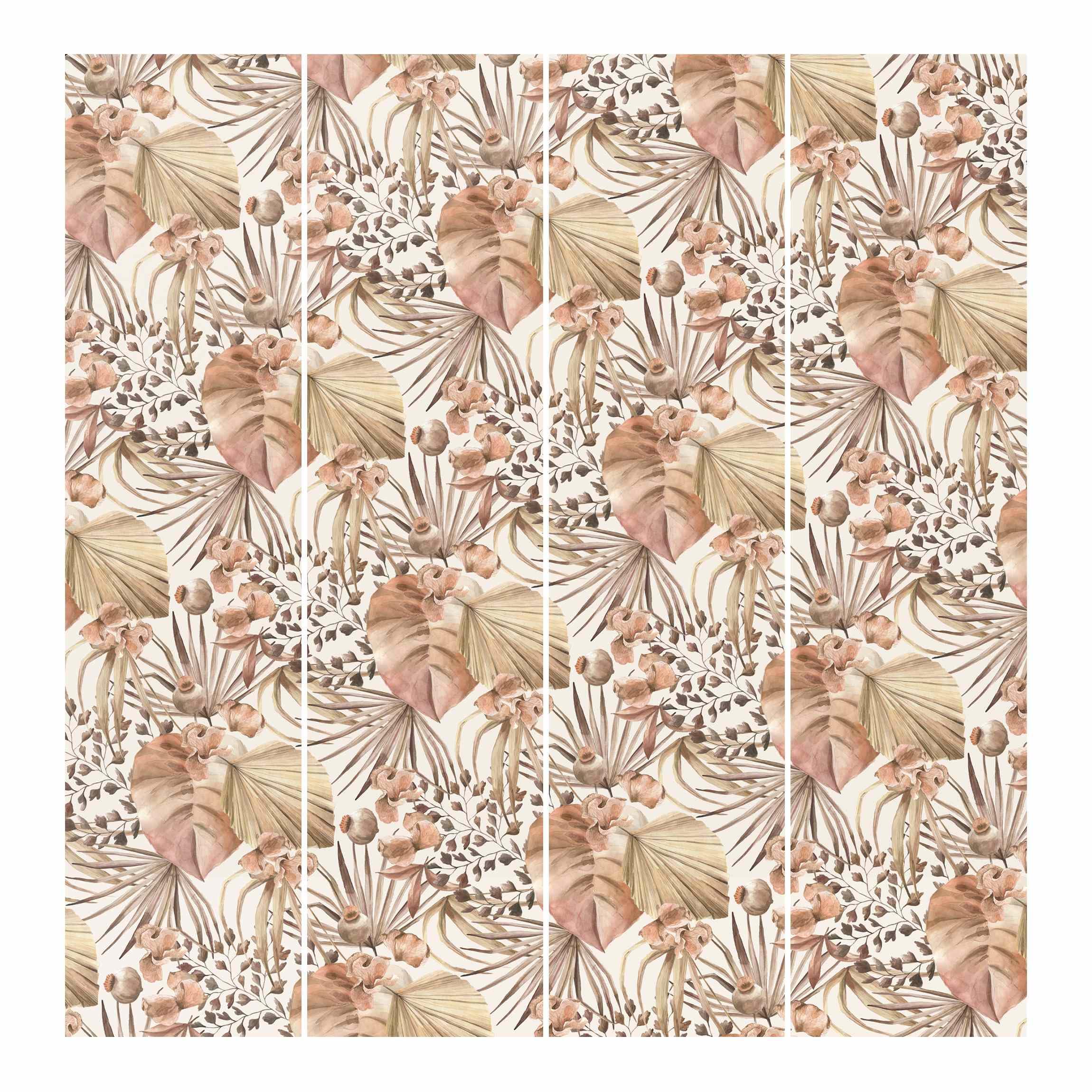 Schiebegardine halbtransparent 60er Paneel Klett Muster Textil lichtdurchlässig - Pflanzen Aquarell Flächenvorhang braun Wohnzimmer Schlafzimmer 2263 (240x250 cm - 4er Set)