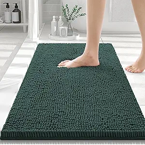 Smiry Luxury Chenille Bathroom Rugs 30x20, Extra Soft and Absorbent Shaggy Bath Mat, Machine Washable, Non-Slip Plush Carpet Runner for Tub, Shower, and Floor, Home Decor Accessories, Green