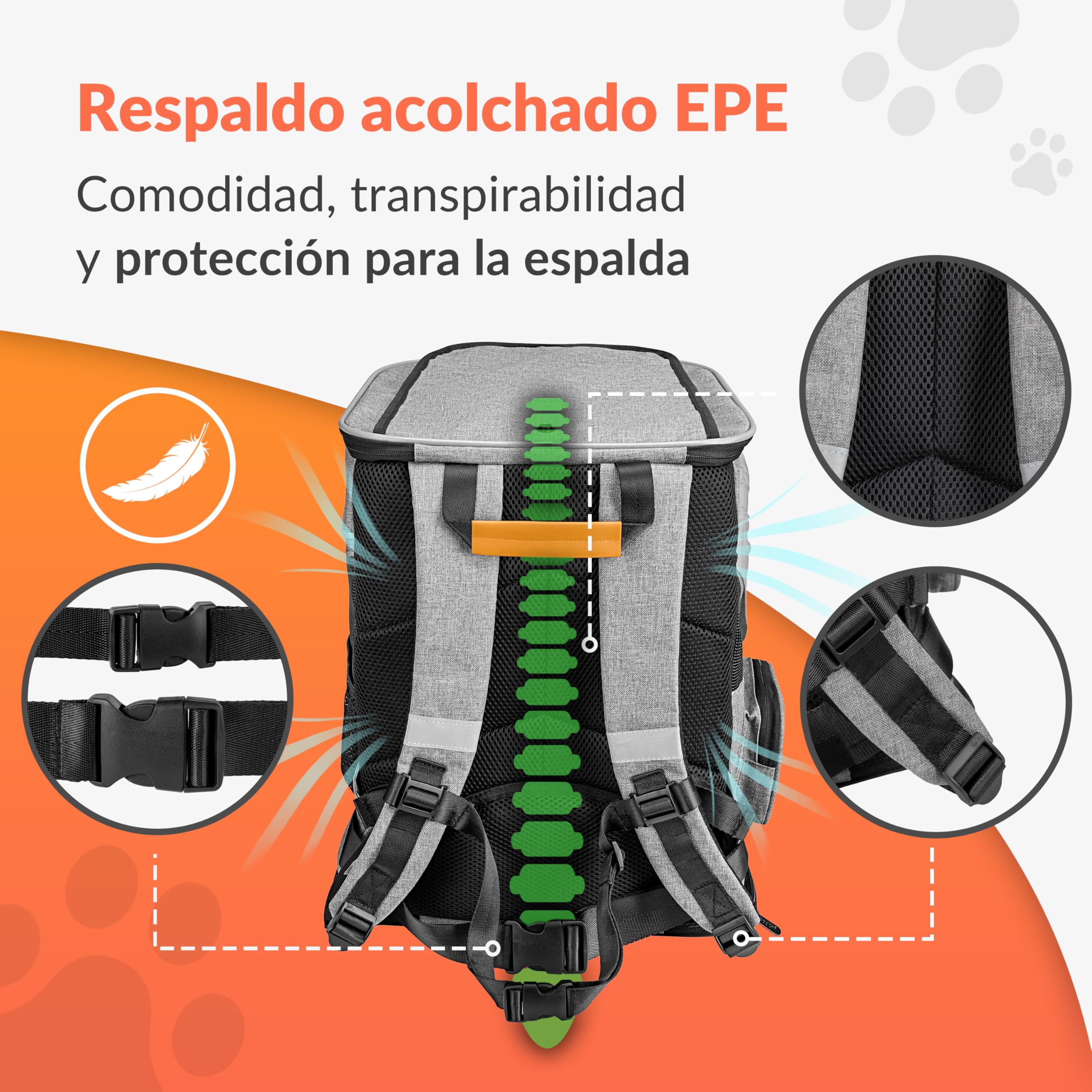 CADOCA® Mochila Transportín Perros Gatos 20 Kg Bolso Transporte Mascotas Plegable Correa Comedero Animales Tiras Reflectantes Viajes Excursiones Gris