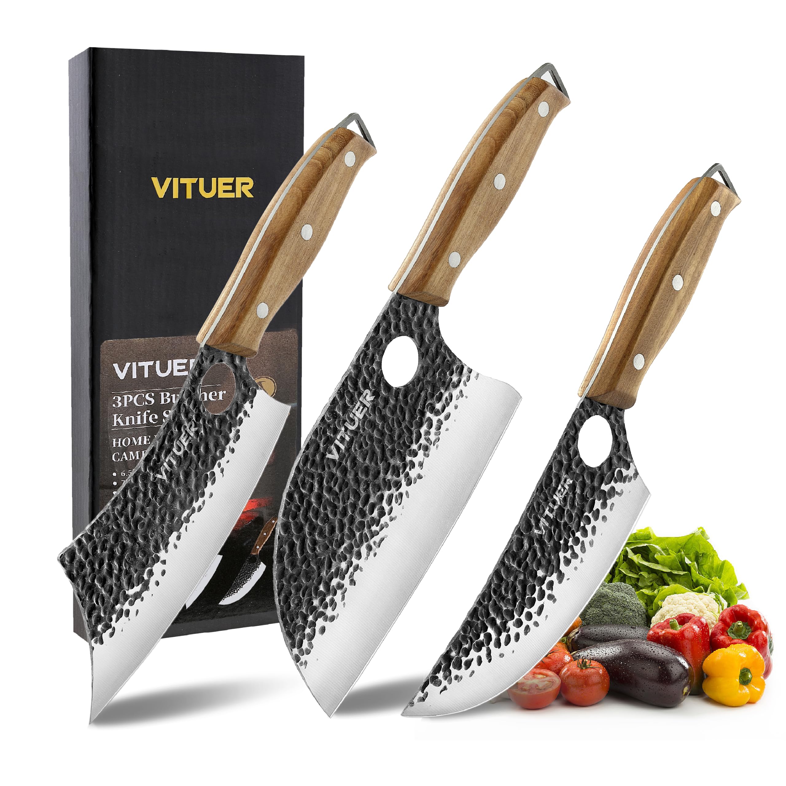 3PCS Butcher Knife Set, Hand Forged 7" Butcher Meat Cleaver, 7" Serbian Chef and 6.5" Viking Knife, Great for Indoor & Outdoor (Stylish Pattern Design)