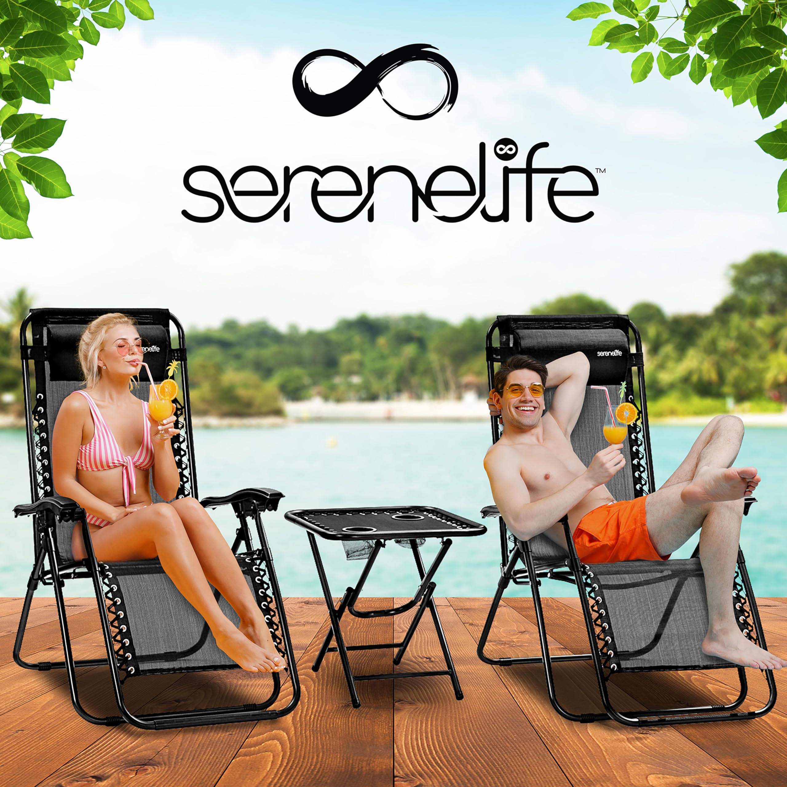 SereneLife Set de 2 Chaises Pliantes - Chaise Longue Réglable pour Extérieur avec Table Latérale, Porte-Gobelets, Oreillers Amovibles - Patio, Jardin, Plage - Noir