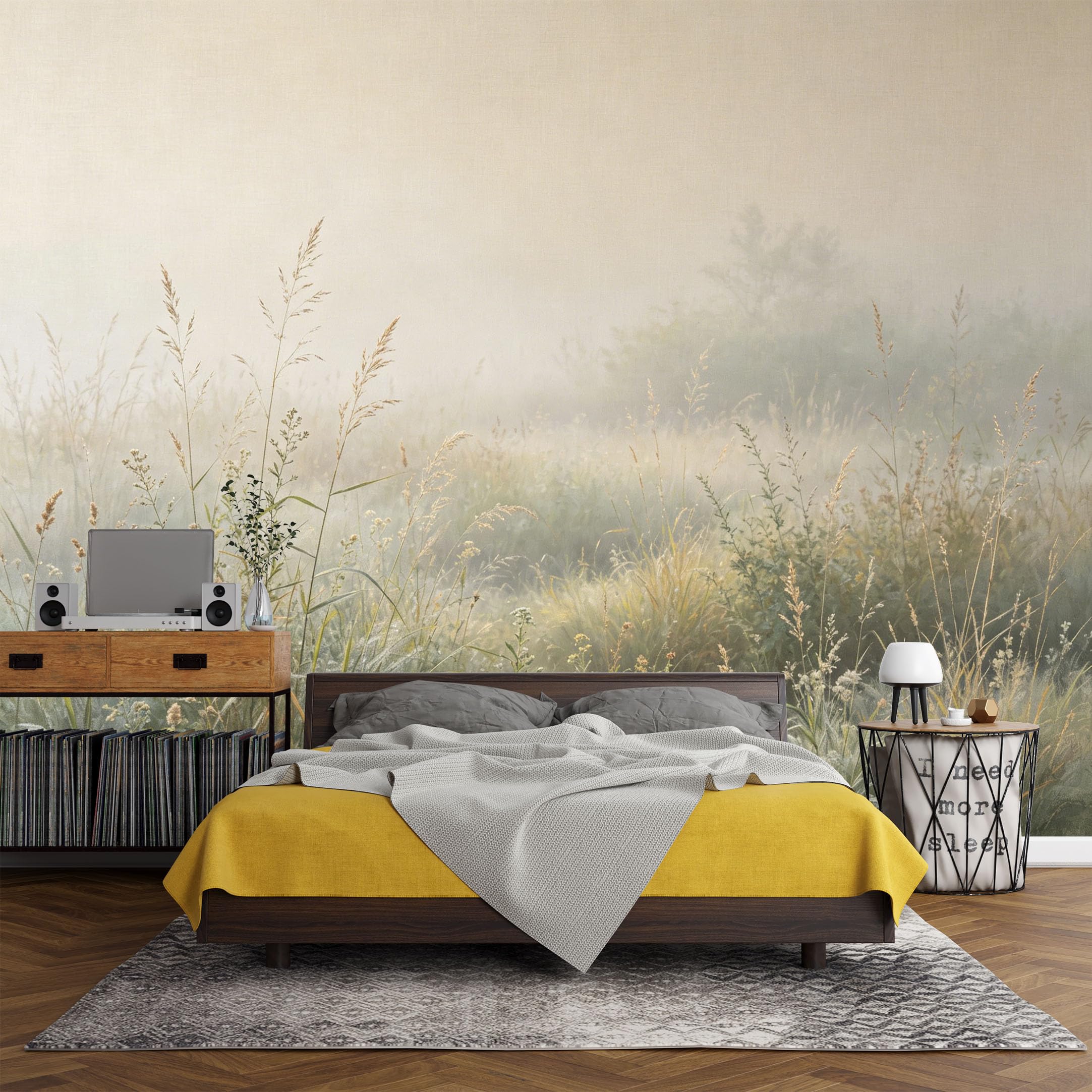 Custom Size Wall Mural， Landscape Morning Fog Meadow Grasses Field Misty Nature Scene，SelfAdhesive Art Prints wall Fabric (No PVC) Removable Wallpaper Living Room Decor