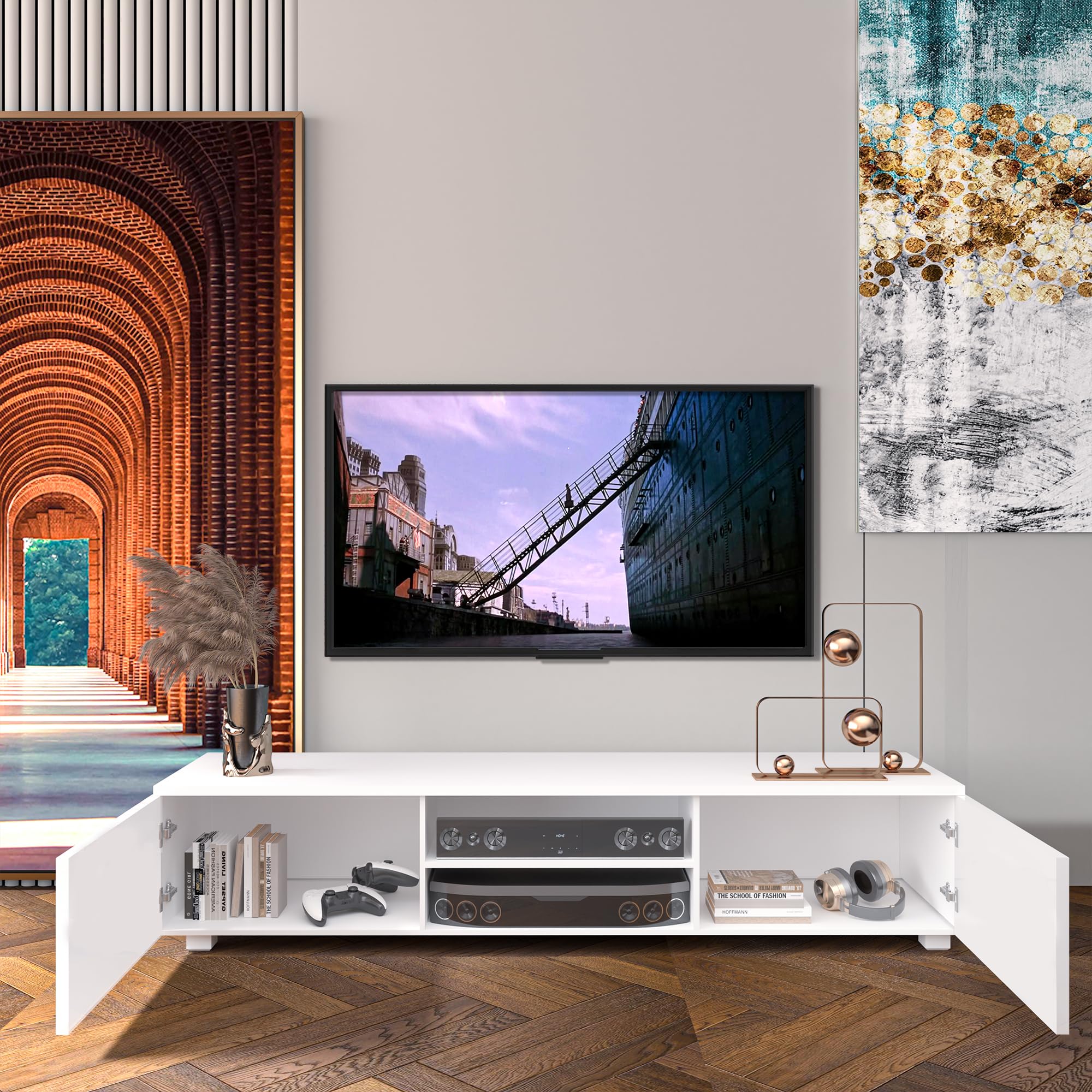 DMAITH TV Stand for 50/55/60/65/70 Inch TV, White Entertainment Center TV Stand with Cabinet and Open Shelves, TV Console Table for Living Room, Bedroom