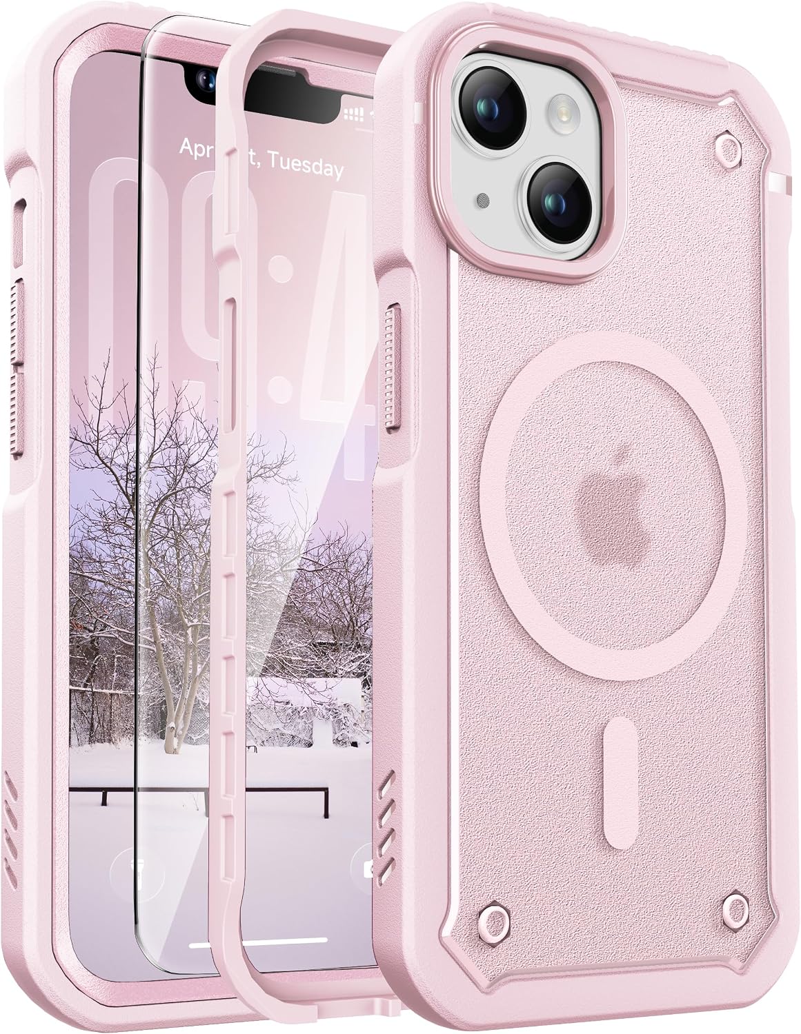 ORETECH Magnetic for iPhone 13 Case with [2 x Screen Protector],[Compatible with Mag-Safe], Heavy Duty Dual-Layer Rugged Protection Matt Frosted Back Anti-Scratch Phone Cover-Light Pink