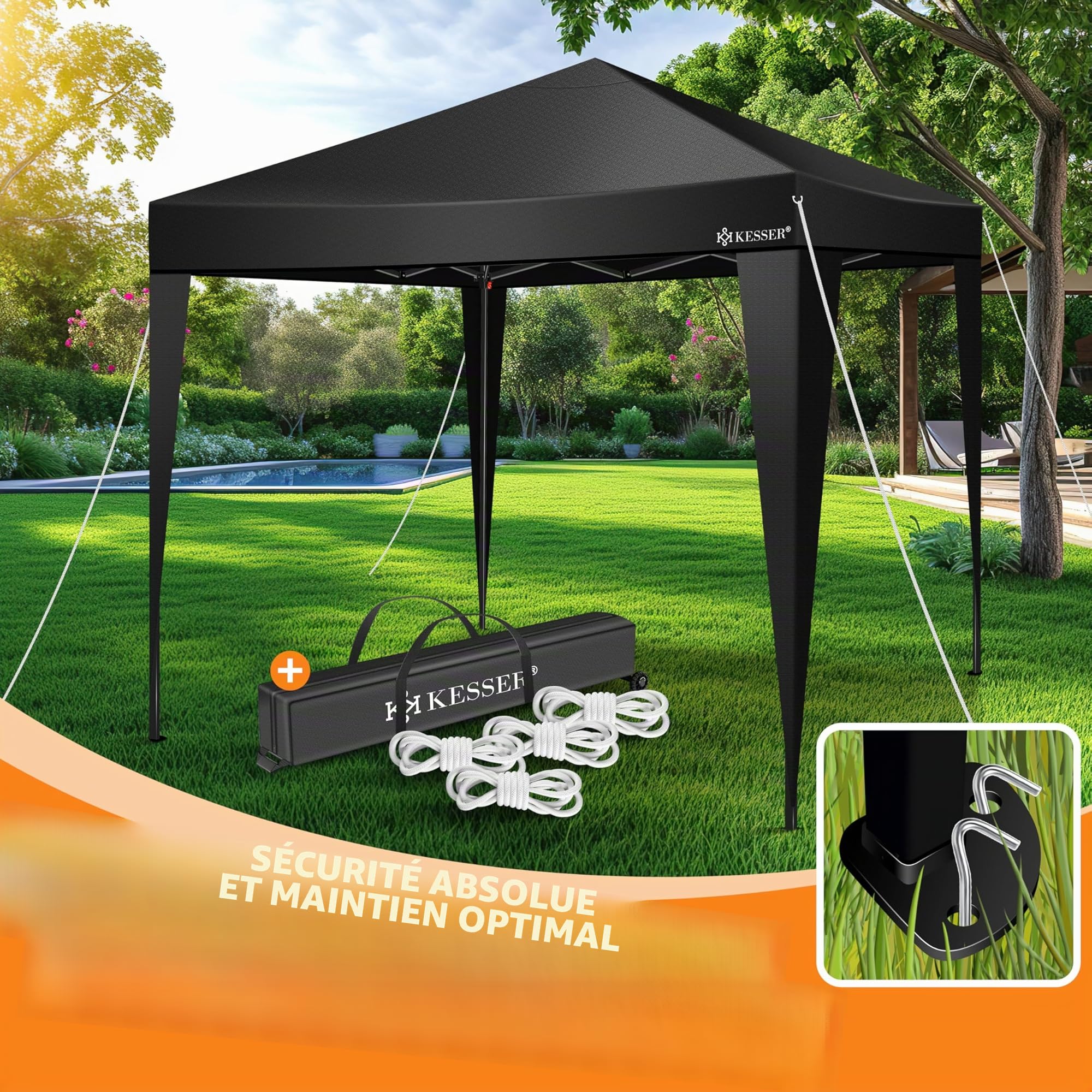 KESSER® Pavillon Pliable 3x3m | Pop-Up Réglable en Hauteur Stable Etanche Résistant à l'hiver | Protection UV 50+ y Compris Sac avec roulettes & ancrage au Sol - Noir/Noir