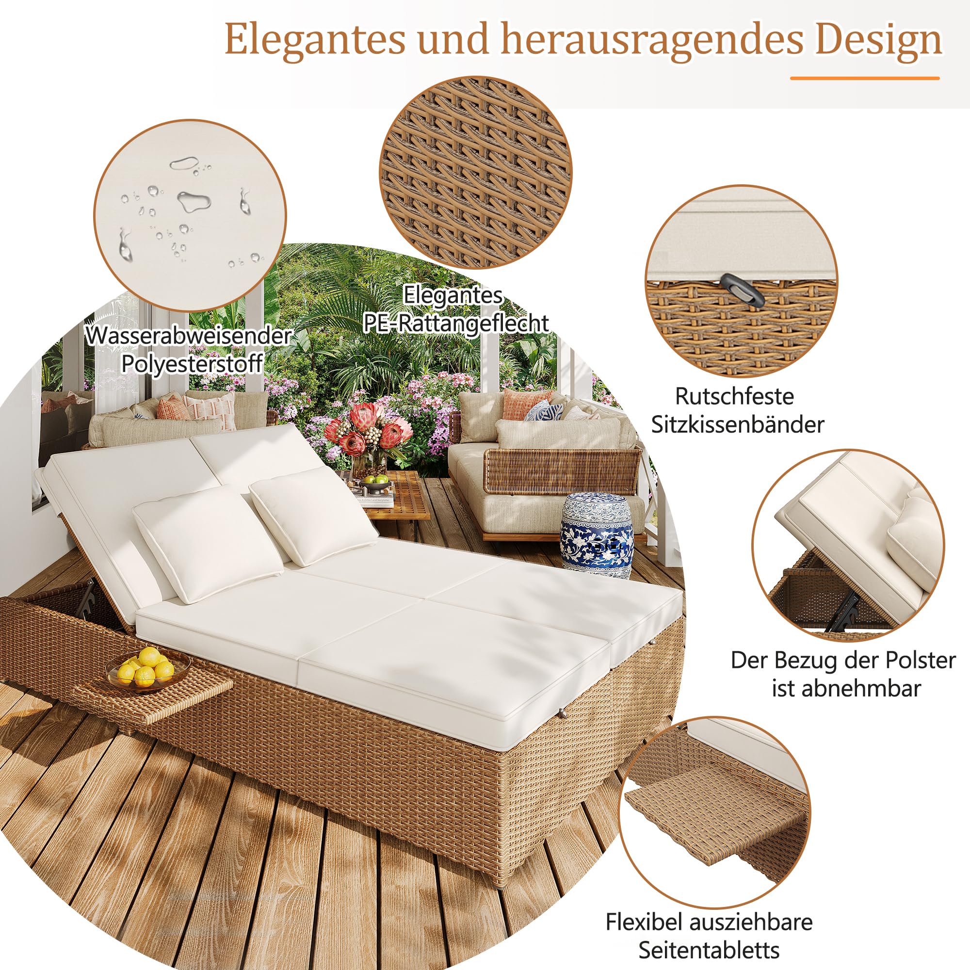 Lettino da Giardino Matrimoniale da Esterno, Resistente alle Intemperie, Pieghevole Divano in Rattan da esterno con Cuscini, Mobile da Giardino per Salotti, Balconi