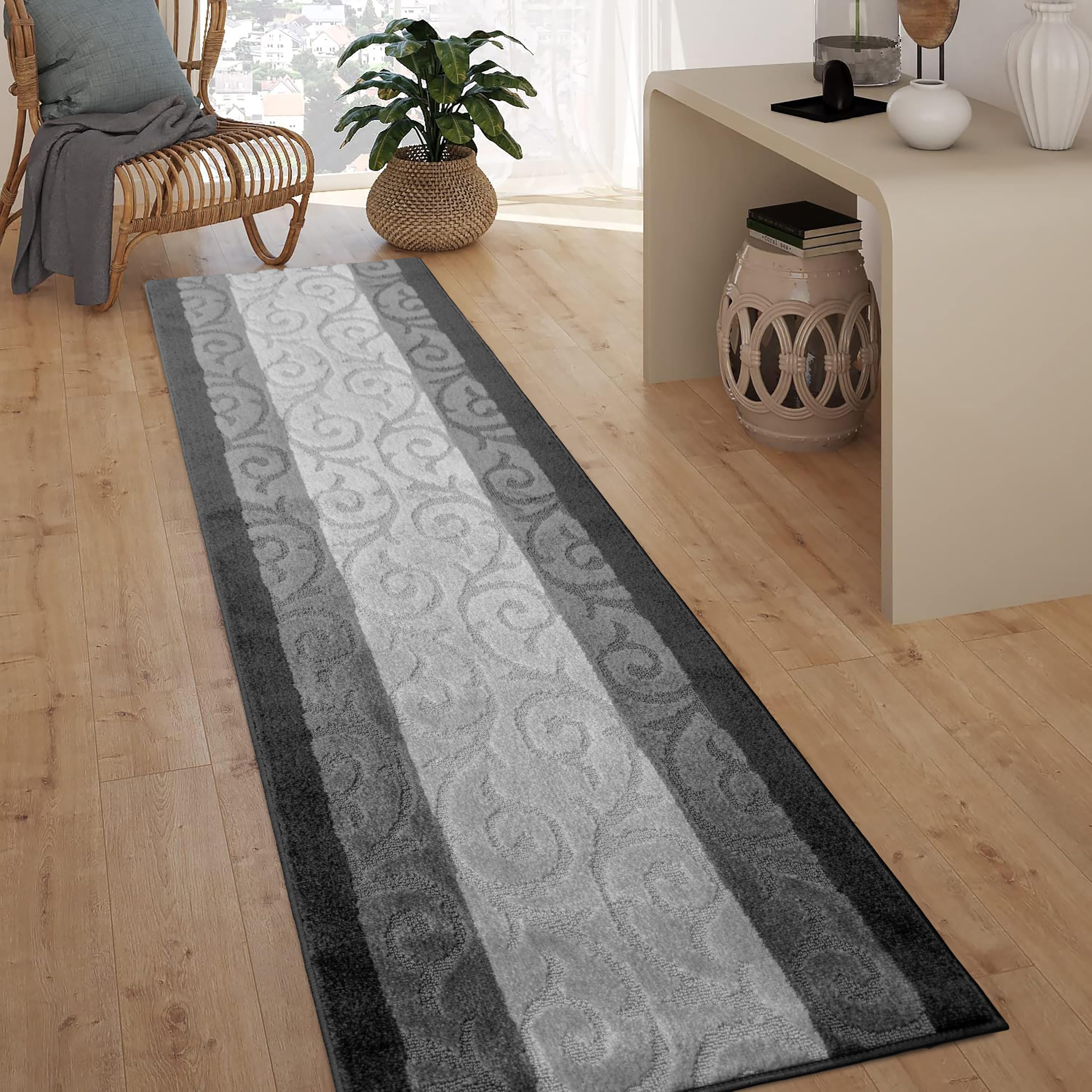 ORFA HOME Custom Size Hallway Runner Rug, Slip Resistant, 26 Inch Wide x Your Choice of Length Size, Scroll Anthracite, 26 Inch X 20 Feet, Sold and