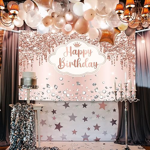 Miniatura 7 de KatchOn, Cartel extragrande de feliz cumpleaños de oro rosa, 72 x 44 pulgadas, decoraciones de cumpleaños para mujeres y niñas, pancarta de fondo