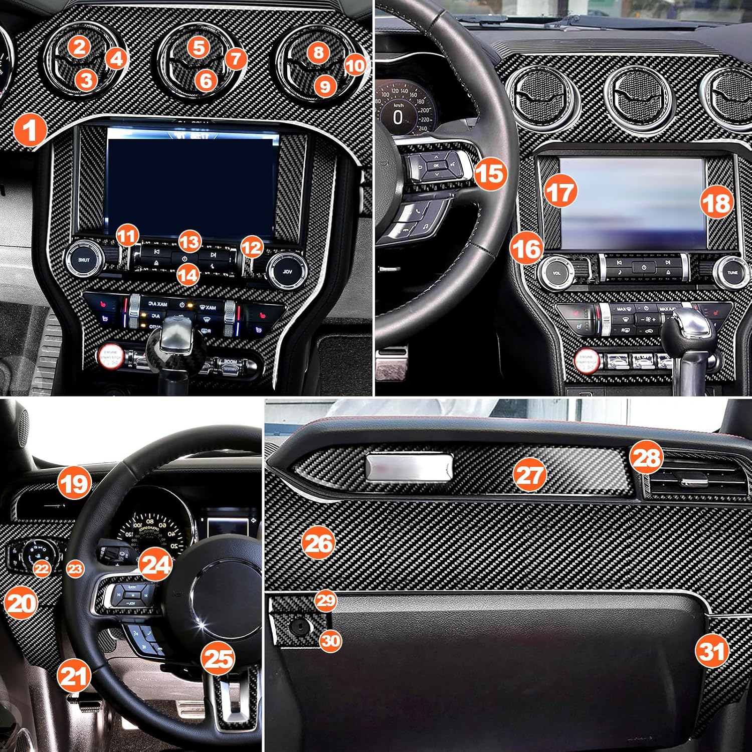 31 PCS Real Carbon Fiber Interior Trim Kit Compatible with Ford Mustang 2015-2023, Center Console Display Panel Trim AC Air Vent Trim, Interior Decor Sticker Accessories