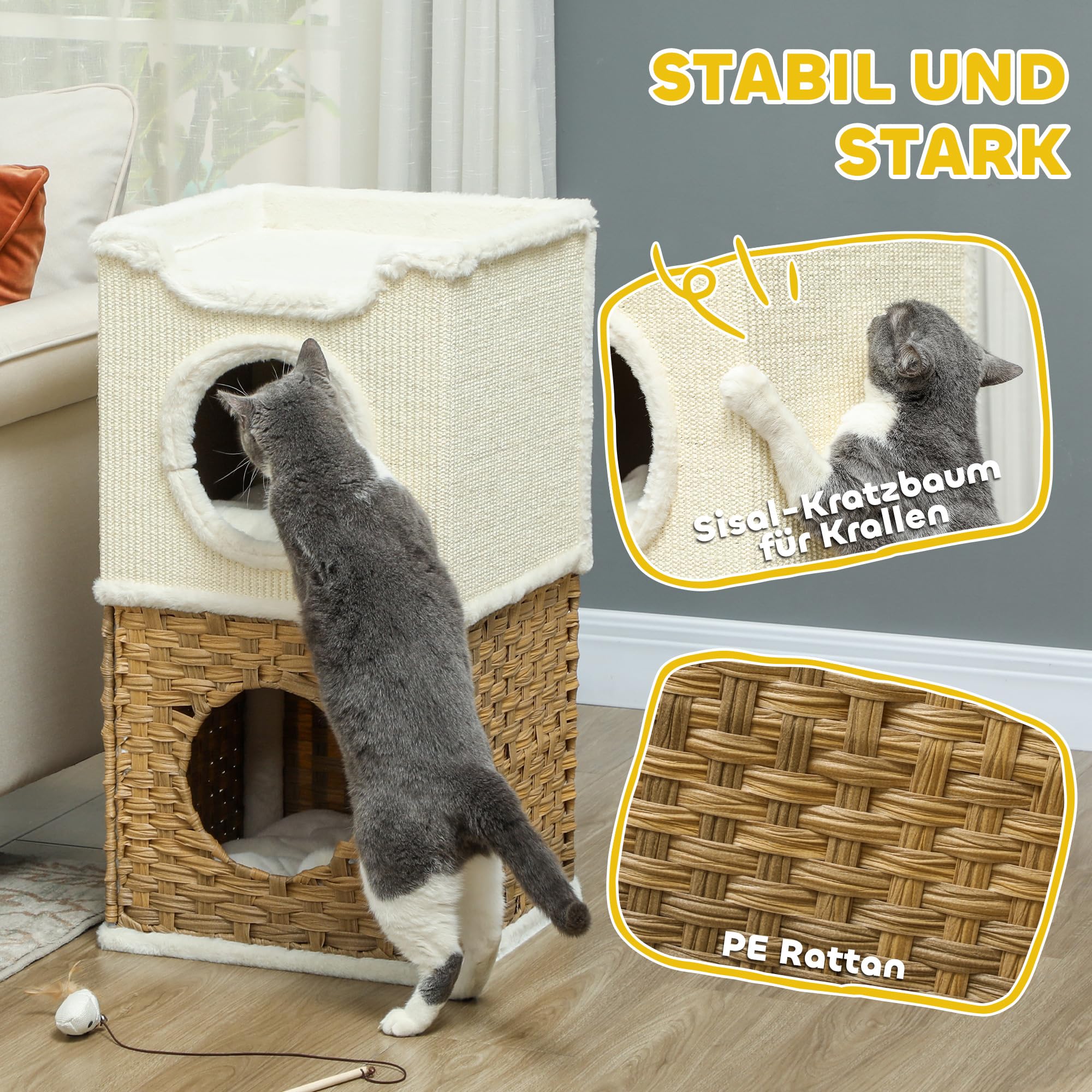 PawHut Tiragraffi alto 75,5 cm, a tre piani, con bordo in peluche, cuscino, grotta per gatti, albero tiragraffi per gatti di medie dimensioni, bianco crema