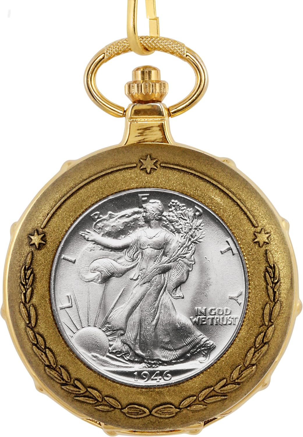 シルバーWalking Liberty Half Dollar Goldtone Train Pocket Watch withスケ