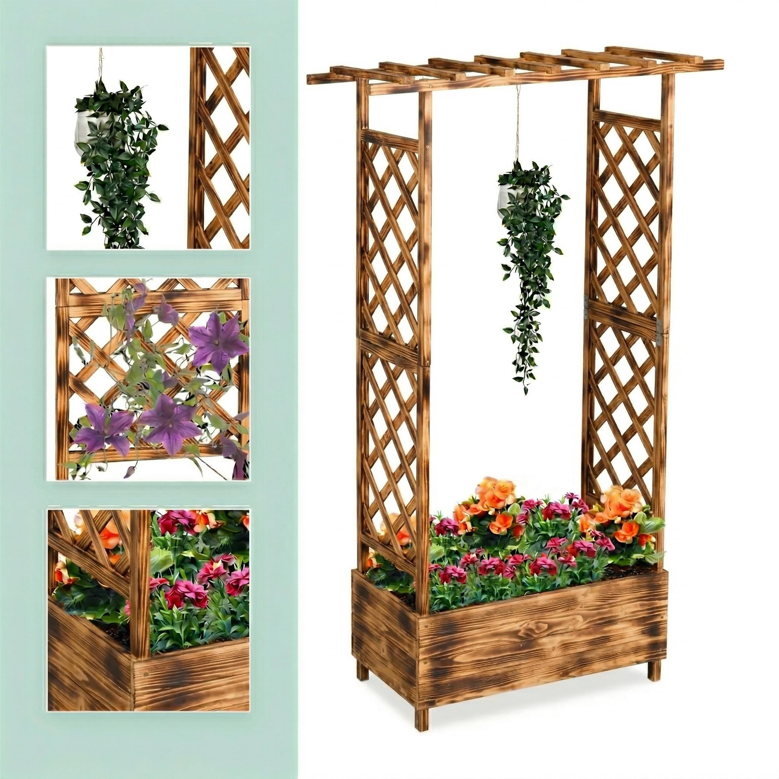 Relaxdays Jardinera con Enrejado y Techo, 183x110x44 cm, Macetero con Celosía, Balcón y Jardín, Madera, Color a Elegir
