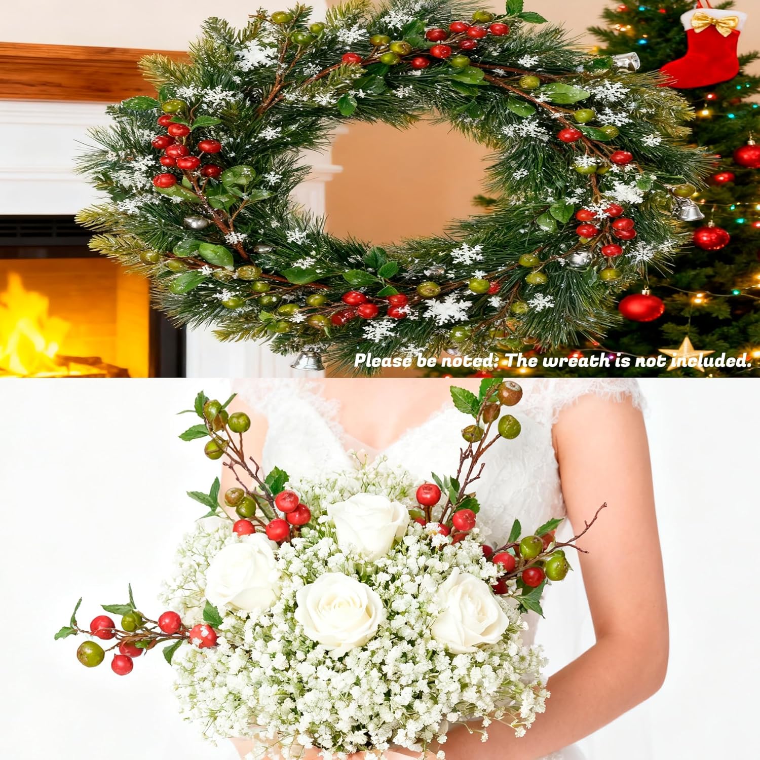 FOFOWHAT 21.65 Inch Christmas Berries Stems, 4 Pcs Faux Berry Branches for Christmas Wreath, Green and Red Berry Branch with Lifelike Artificial Fruits for Xmas Decoration, Vase,Wedding, Table Center