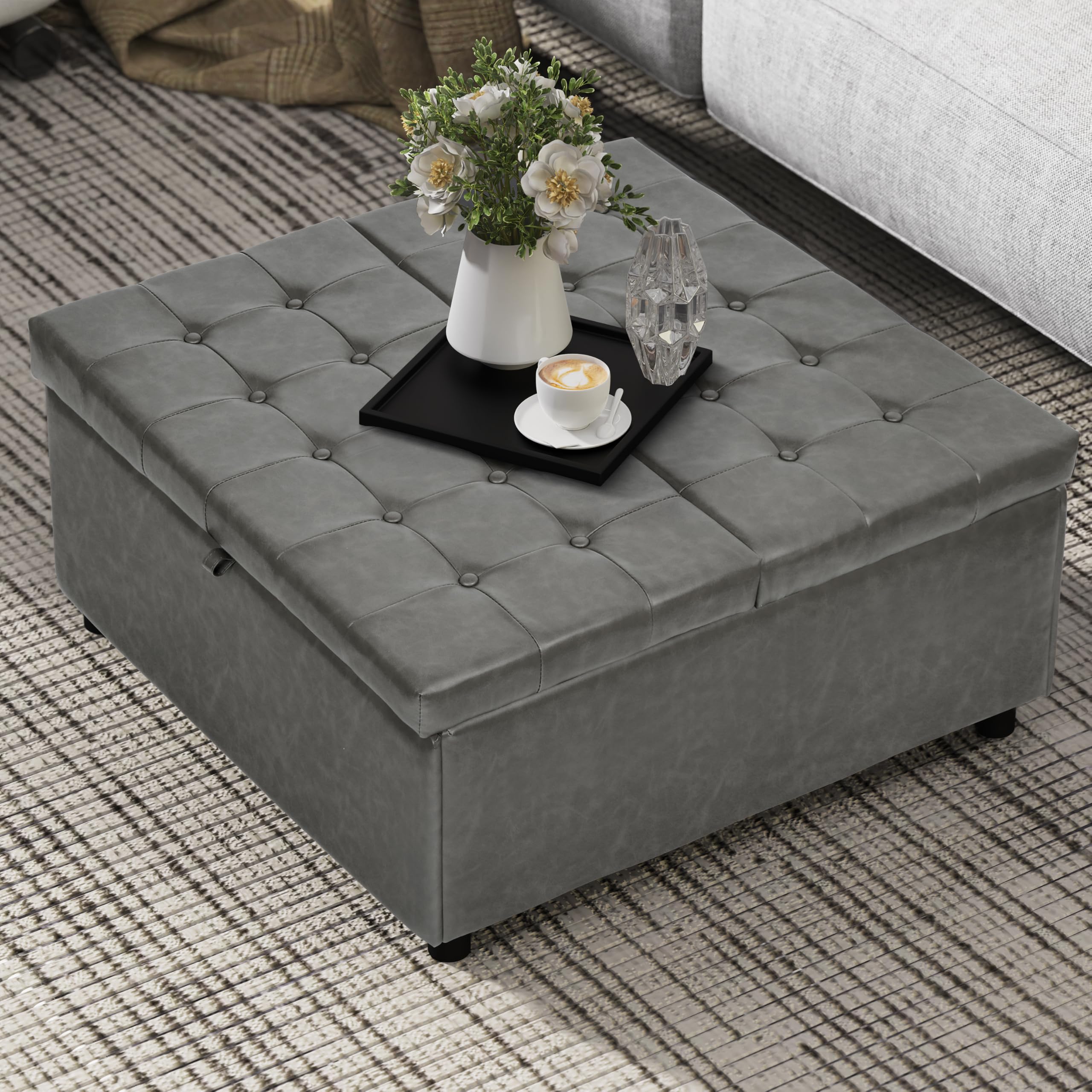 linlux 35.5 inch large leather storage ottoman, square ottoman coffee table, lift top tufted ottomans toy box footrest for living room, grey