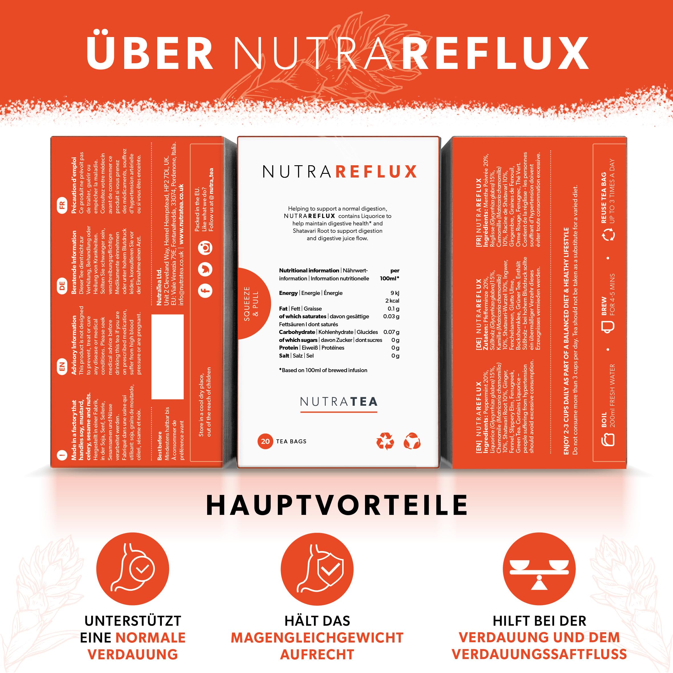 Nutra Tea NUTRAREFLUX, Magendarmtee hilft bei Magen-Darm Beschwerden, Darm Tee kann das Gefühl von Unbehagen reduzieren, 120 wiederverwendbare Teebeutel, Kräutertee bei Verdauungsbeschwerden